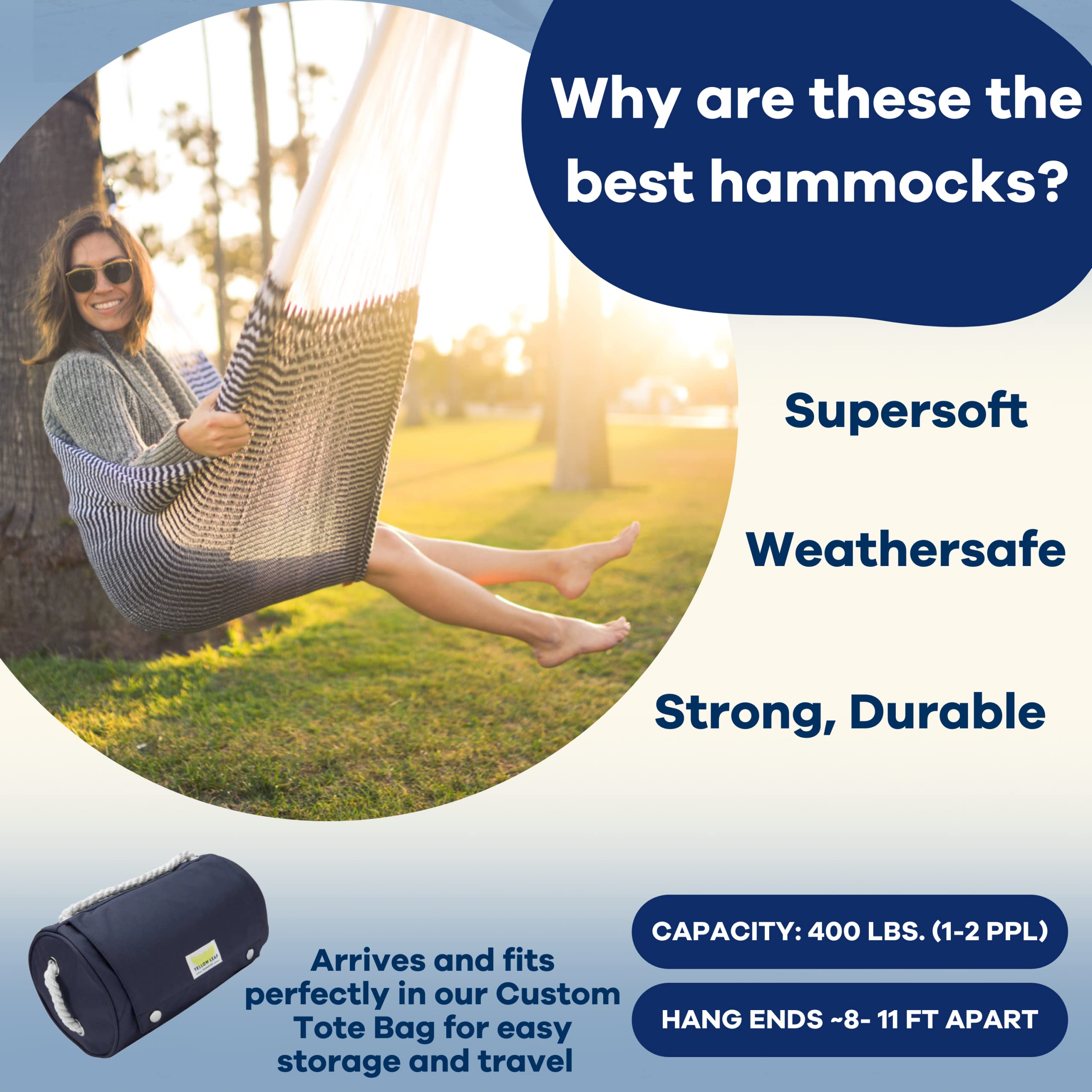 Premium Handwoven Double Hammock by Yellow Leaf - Weatherproof & Ultra Strong for Outdoor Relaxation - Supports Up to 400lbs - Easy Setup with Soft Artisan Craftsmanship - Navy Blue & White Striped Design - Perfect for Backyards, Camping & Beach Vacations