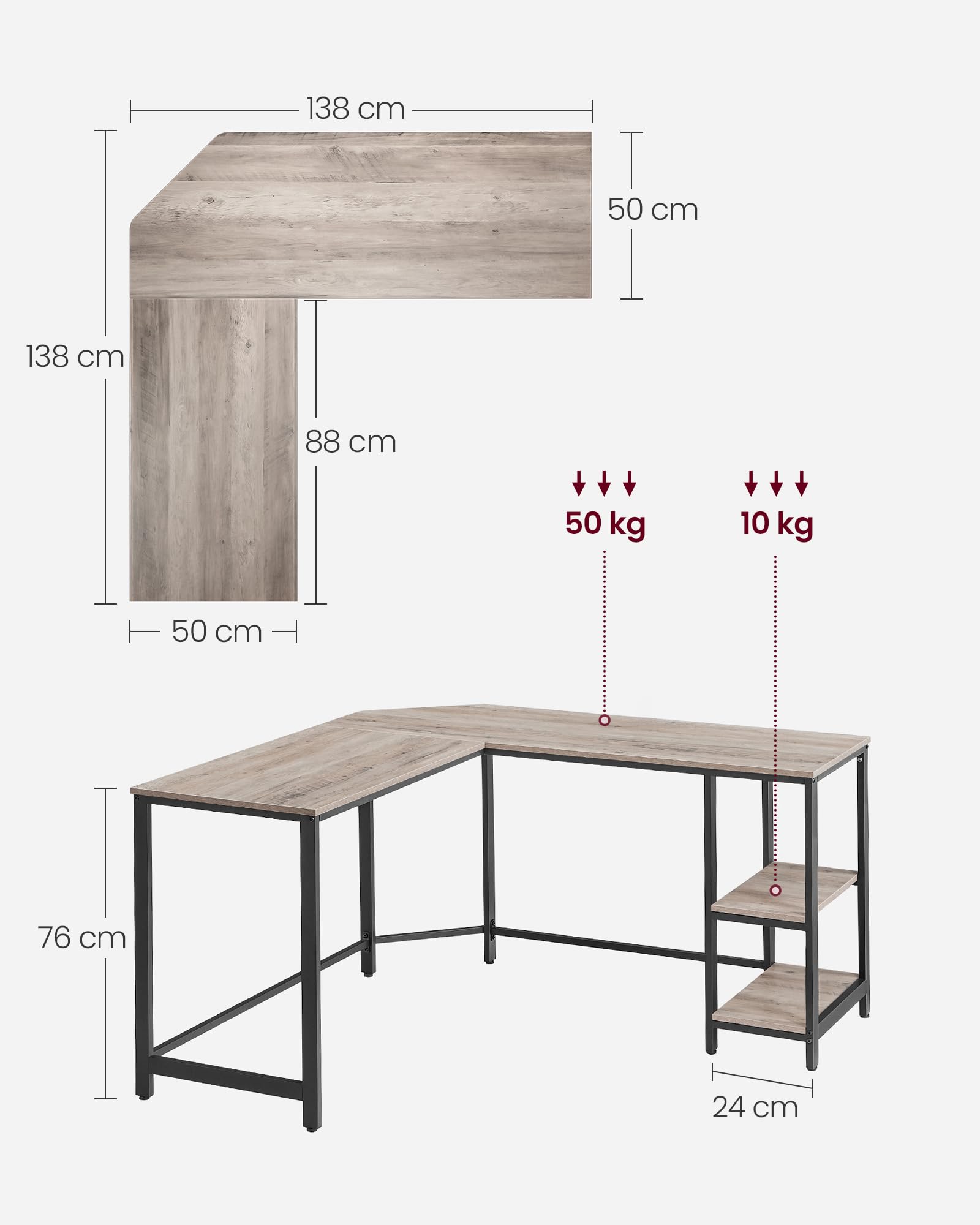 VASAGLE L-Shaped Computer Desk with 2 Shelves, Space Saving Corner Desk for Gaming & Home Office, Easy to Assemble, Greige & Black LWD72MB - Perfect for Small Spaces, Work from Home & PC Gaming Setup