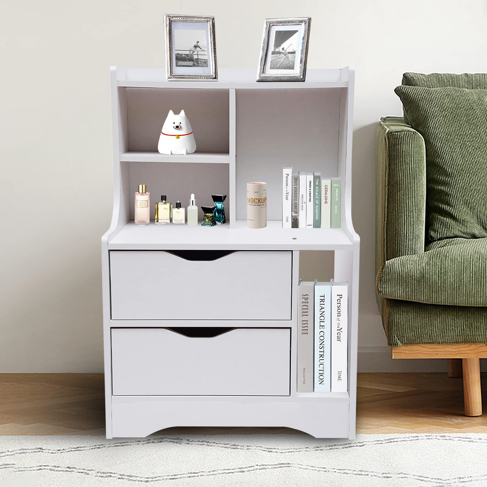 Modern White Tall Nightstand with 2 Drawers & Bookshelf - Wooden Bedside Table with Storage for Bedroom, Living Room & Office - Perfect for Organizing Books, Lamps & Bedroom Essentials