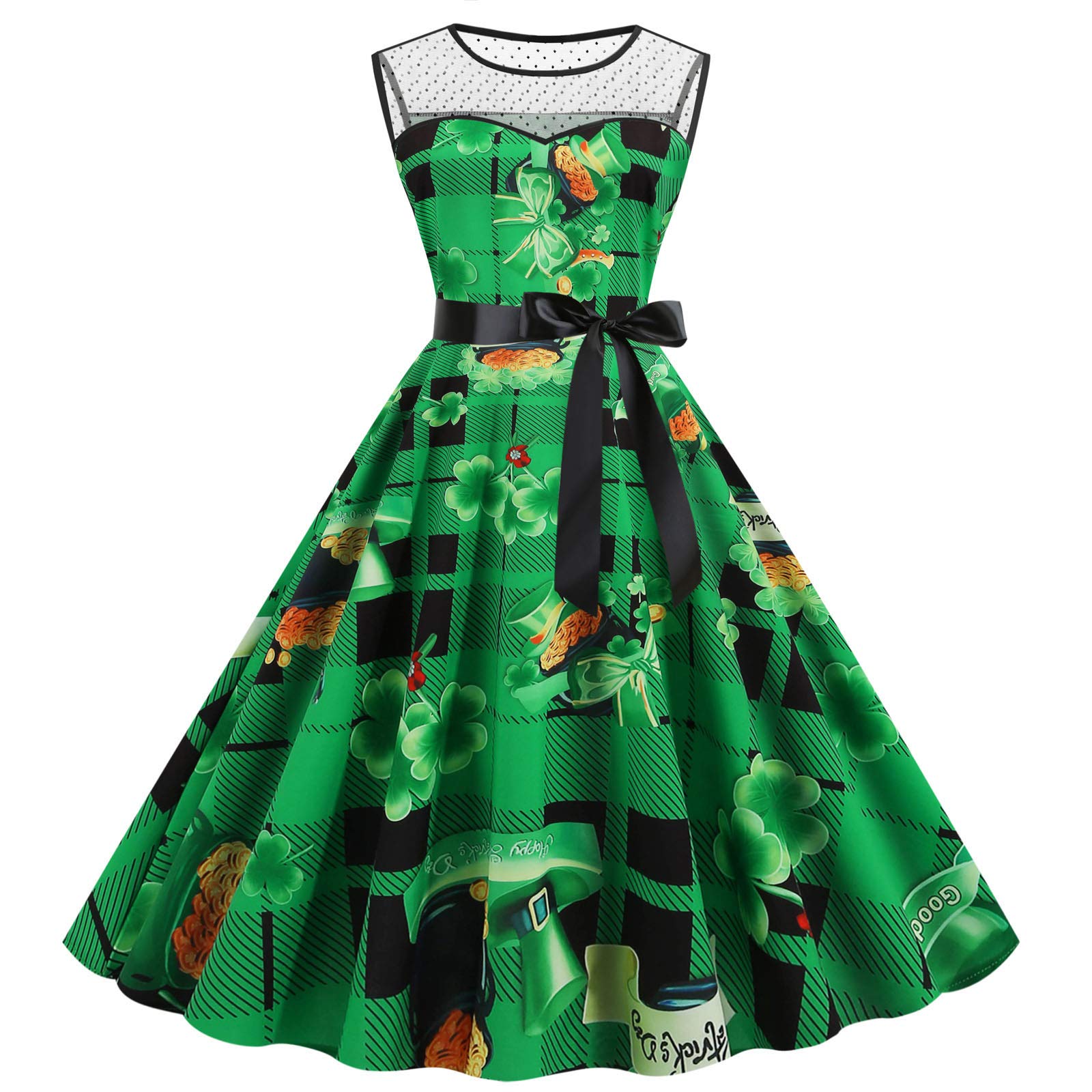 Vintage Women's Green Shamrock Dress - St. Patrick's Day Costume, Sleeveless Lace Party Dress for Evening Prom, Cocktail Swing A-Line Skirt | Perfect for Leprechaun Fancy Dress, Irish Themed Parties & Spring Celebrations