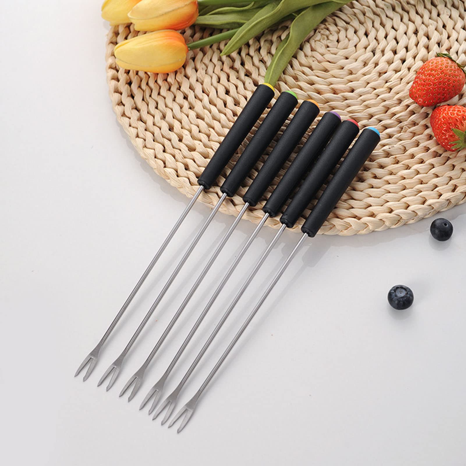 Premium Stainless Steel Fondue Forks Set of 6 - Heat Resistant Color Handles for Chocolate Fountain, Cheese Fondue & Meat Roasting - 9.1