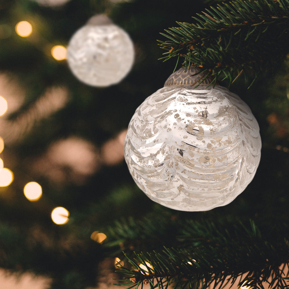 6 Pack Silver Nola Mercury Glass Waved Ball Ornaments - Elegant Christmas Tree Decorations for Holiday Home & Party Decor