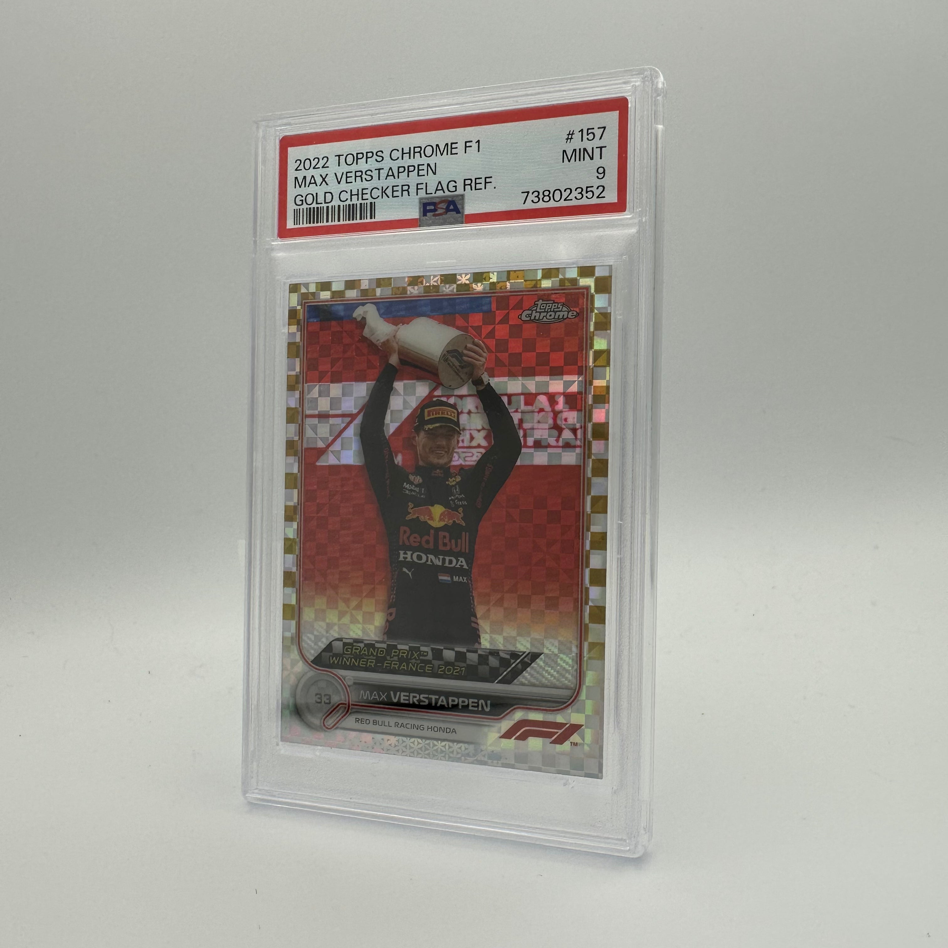 PSA 9 Max Verstappen #157 Gold Checker Flag Refractor /50 - Rare Racing Collectible for Display & Investment