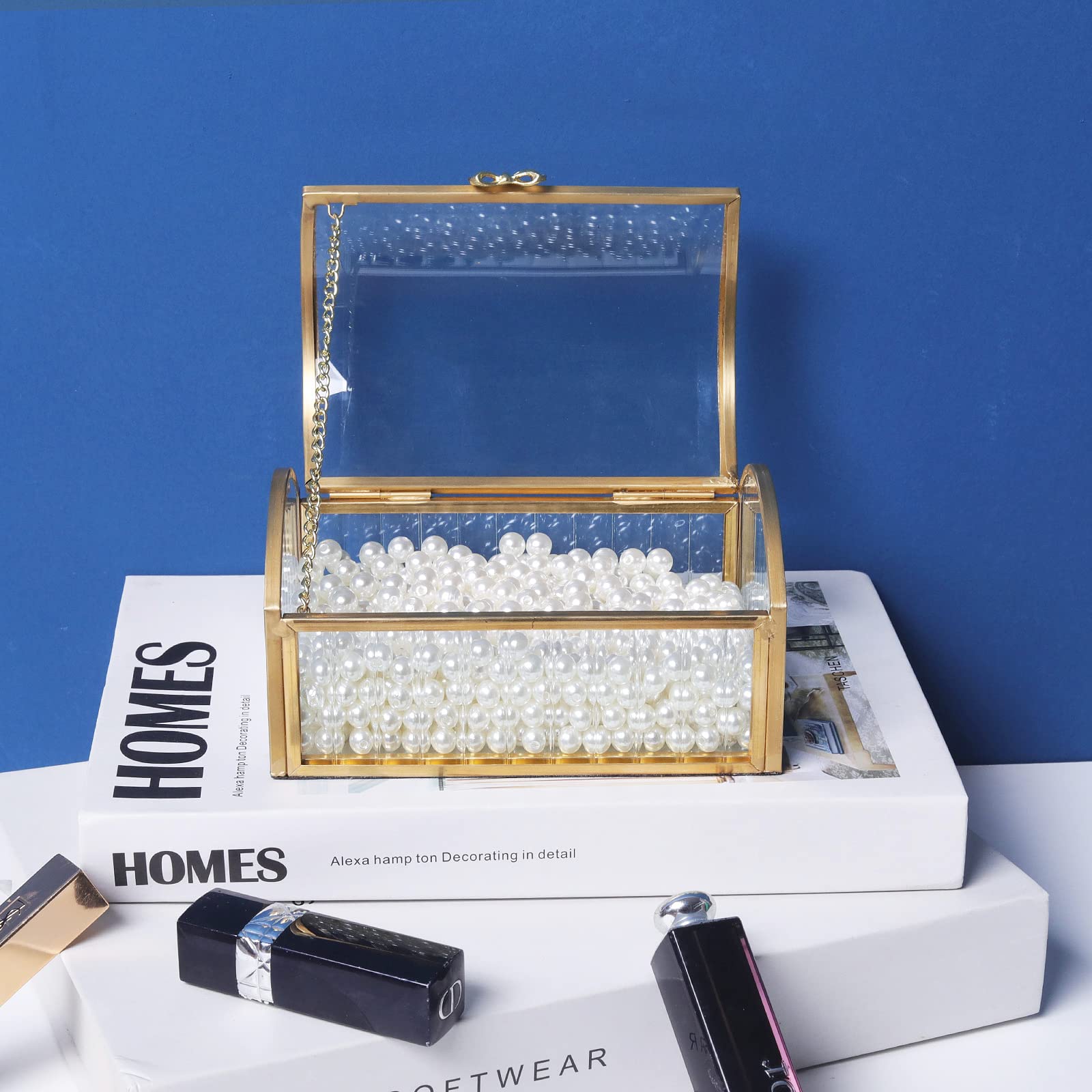 LONGSHENG Gold Jewelry Trinket Box - Glass Decorative Storage Box for Bracelets, Necklaces, Rings & Watches - Large Cosmetic Organizer for Vanity, Dresser & Travel Since 2001