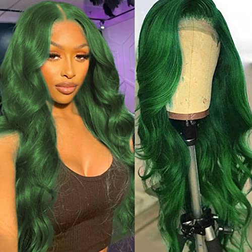 Dark Green 13x4 HD Lace Frontal Wig Human Hair Body Wave 150% Density Pre-Plucked with Baby Hair - Soft & Smooth Emerald Green 16 Inch Lace Front Wigs for Women | Perfect for Daily Wear, Parties & Special Occasions