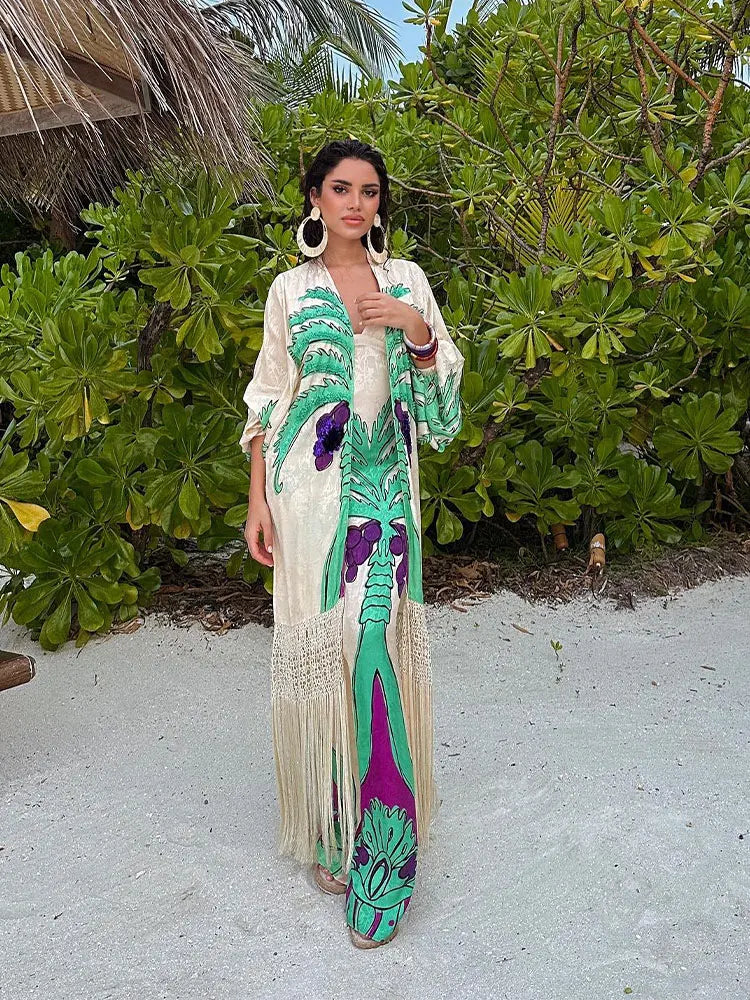 Fashion Women's Spring Print V-Neck Contrast Maxi Dress - Slim Fit Long Sleeve Elegant Vestidos for Vacation, Streetwear & Casual Outings