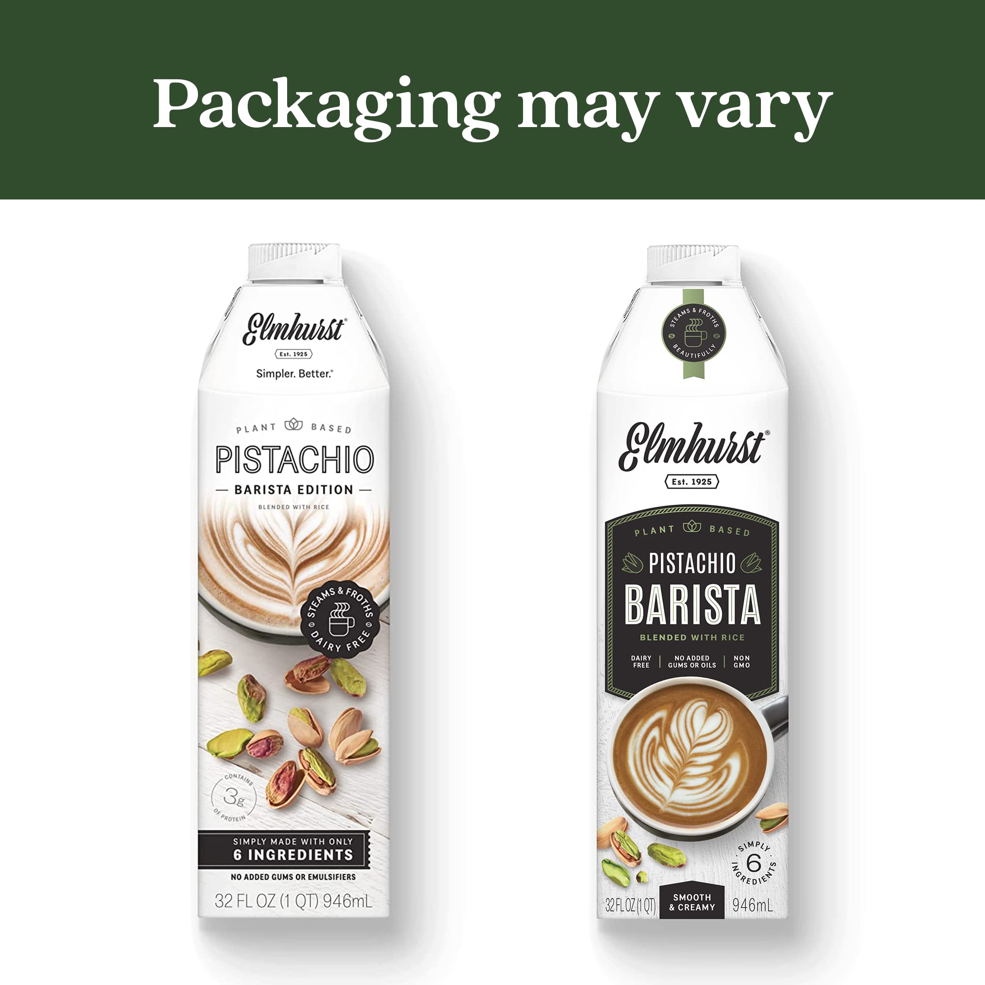 Elmhurst 1925 Barista Edition Pistachio Milk - 32oz (Pack of 6) | Vegan, Dairy-Free, Plant-Based Nut Milk | Perfect for Coffee, Smoothies & Baking