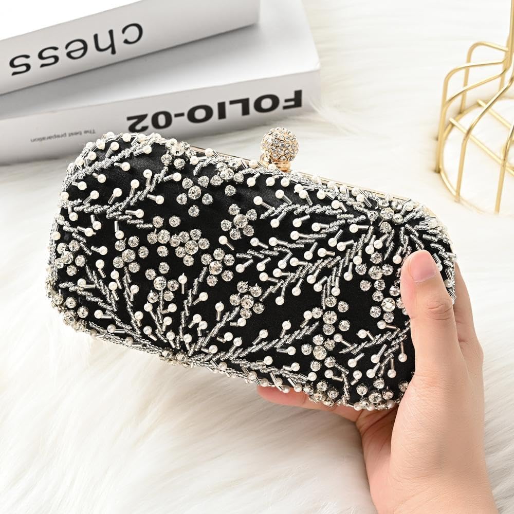 Elegant Rhinestone & Pearl Clutch Purse for Women - Wedding, Prom, Cocktail Party & Evening Events - Sparkling Formal Handbag for Special Occasions