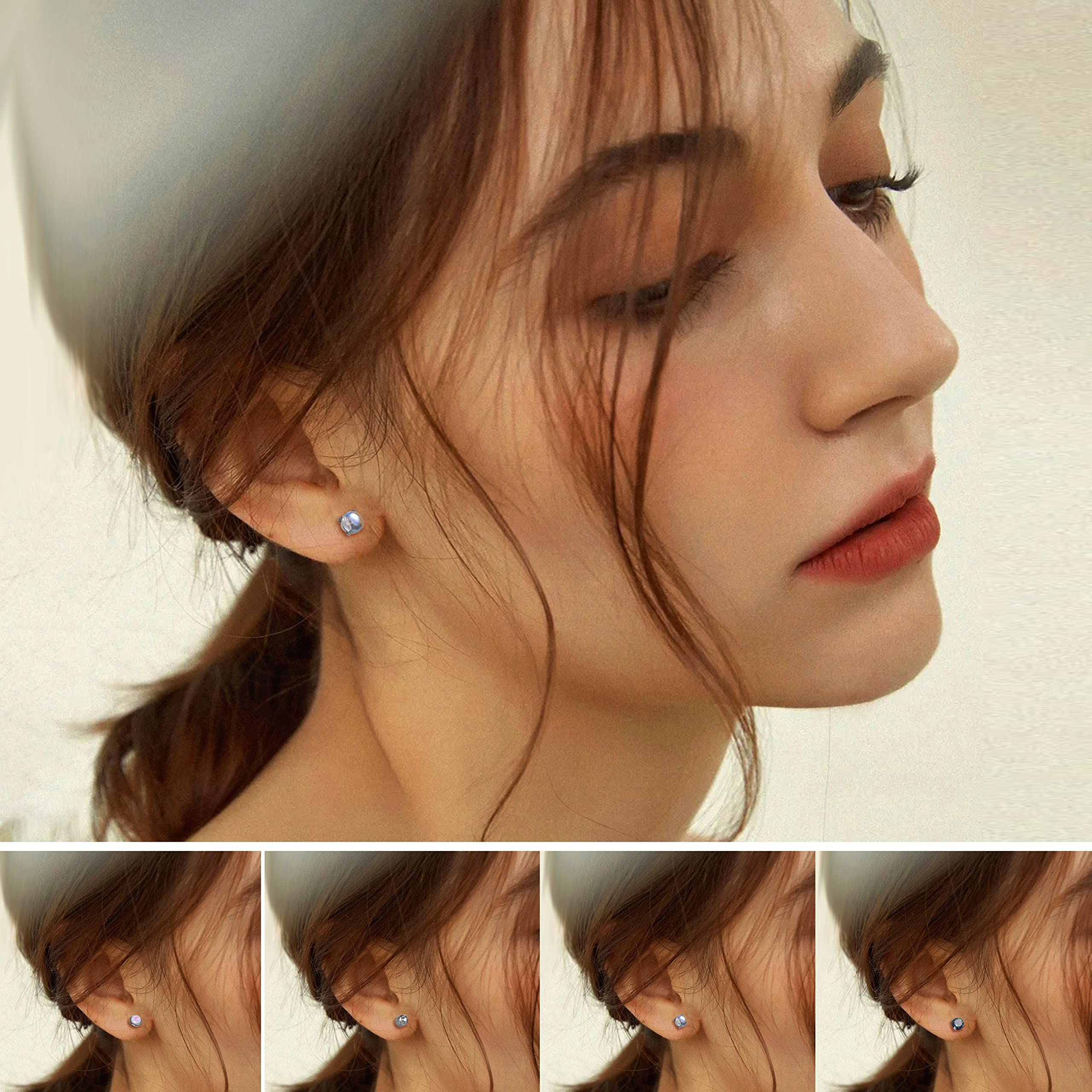 FIOROYAL 4 Pairs Titanium Earrings Studs for Women & Men - Opal, Moonstone, Onyx & Cubic Zirconia Flat Back Cartilage Earrings | Hypoallergenic, Comfort Fit for Daily Wear & Special Occasions