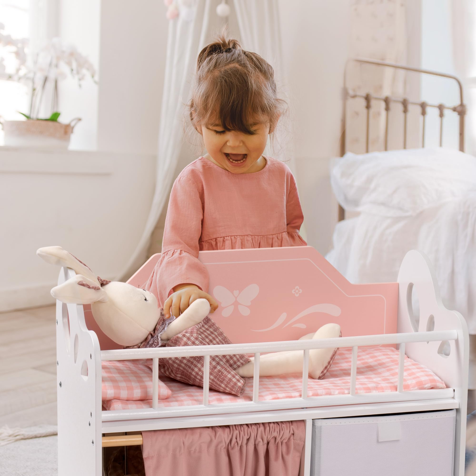 ROBOTIME Pink Wooden Doll Crib with Storage & Bedding - 21