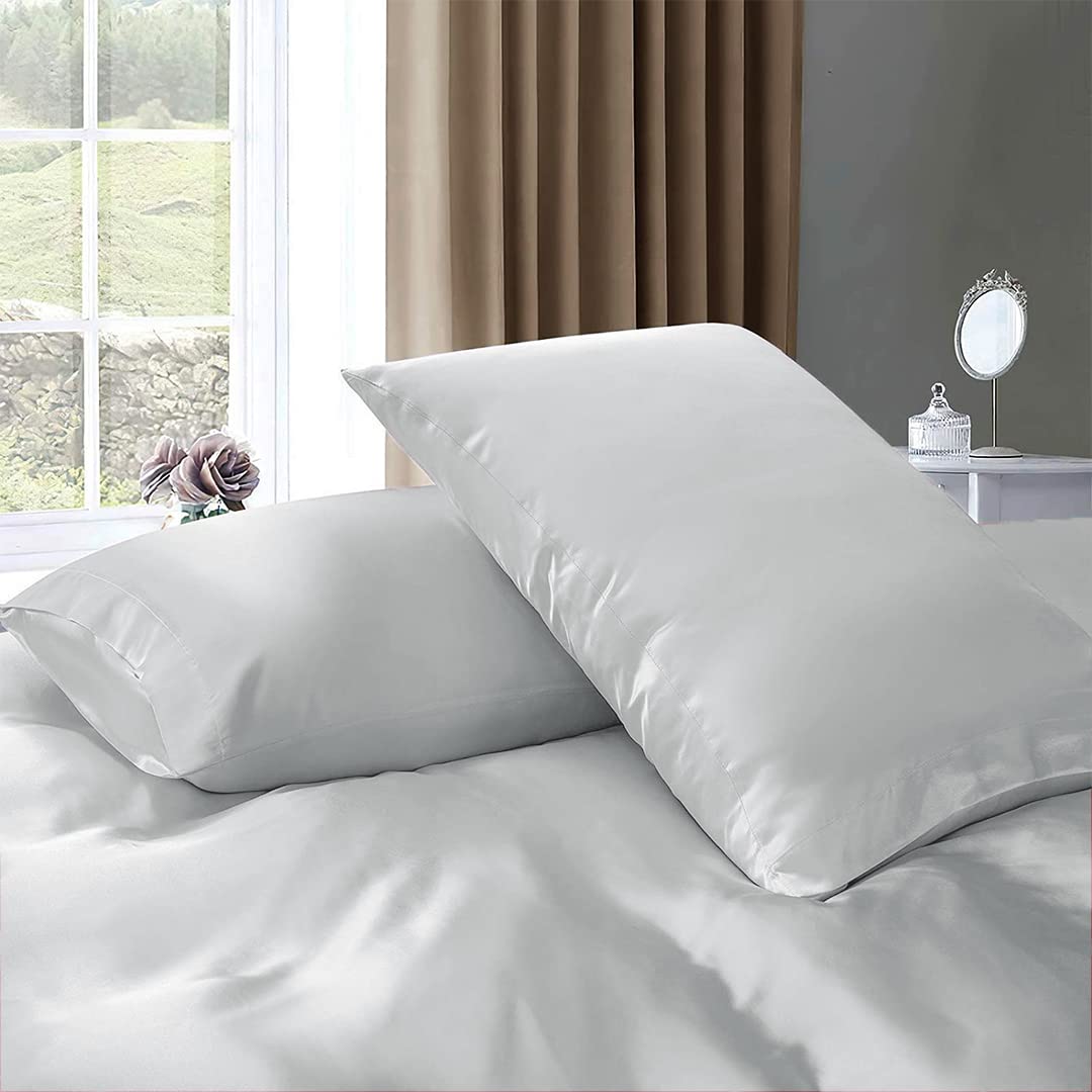 7-Piece Short Queen Silk Satin Sheet Set - Luxury Hotel Style Bedding with Deep Pockets | Breathable, Cooling & Wrinkle-Free Comfy White Sheets | Perfect for Hot Sleepers & Upscale Bedroom Decor