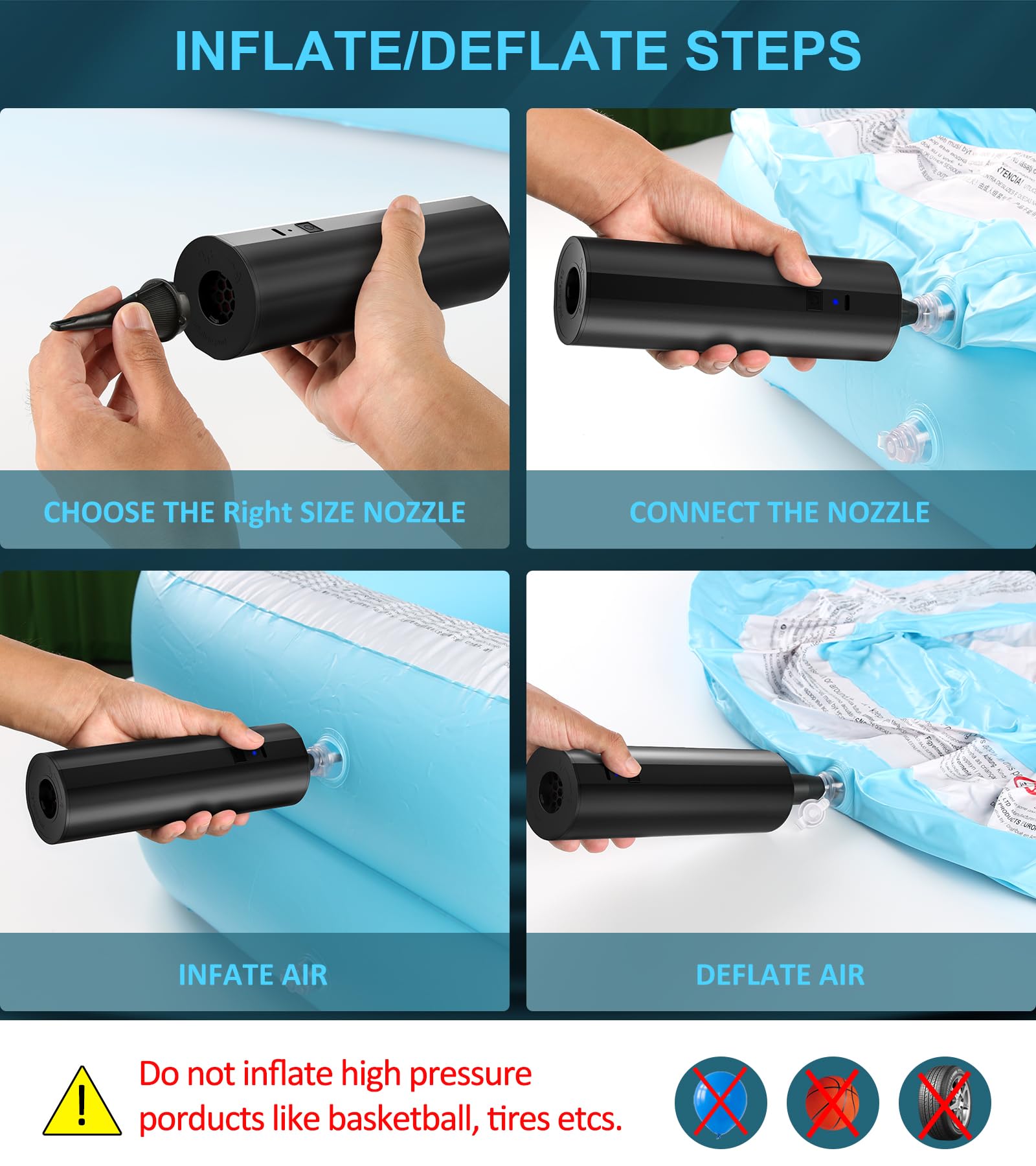 BEAUTYOVO Rechargeable Cordless Electric Air Pump - Portable Inflator for Air Mattress, Pool Floats, Yoga Ball & Inflatables | Fast Inflation | Battery Powered | Perfect for Camping, Travel & Home Use