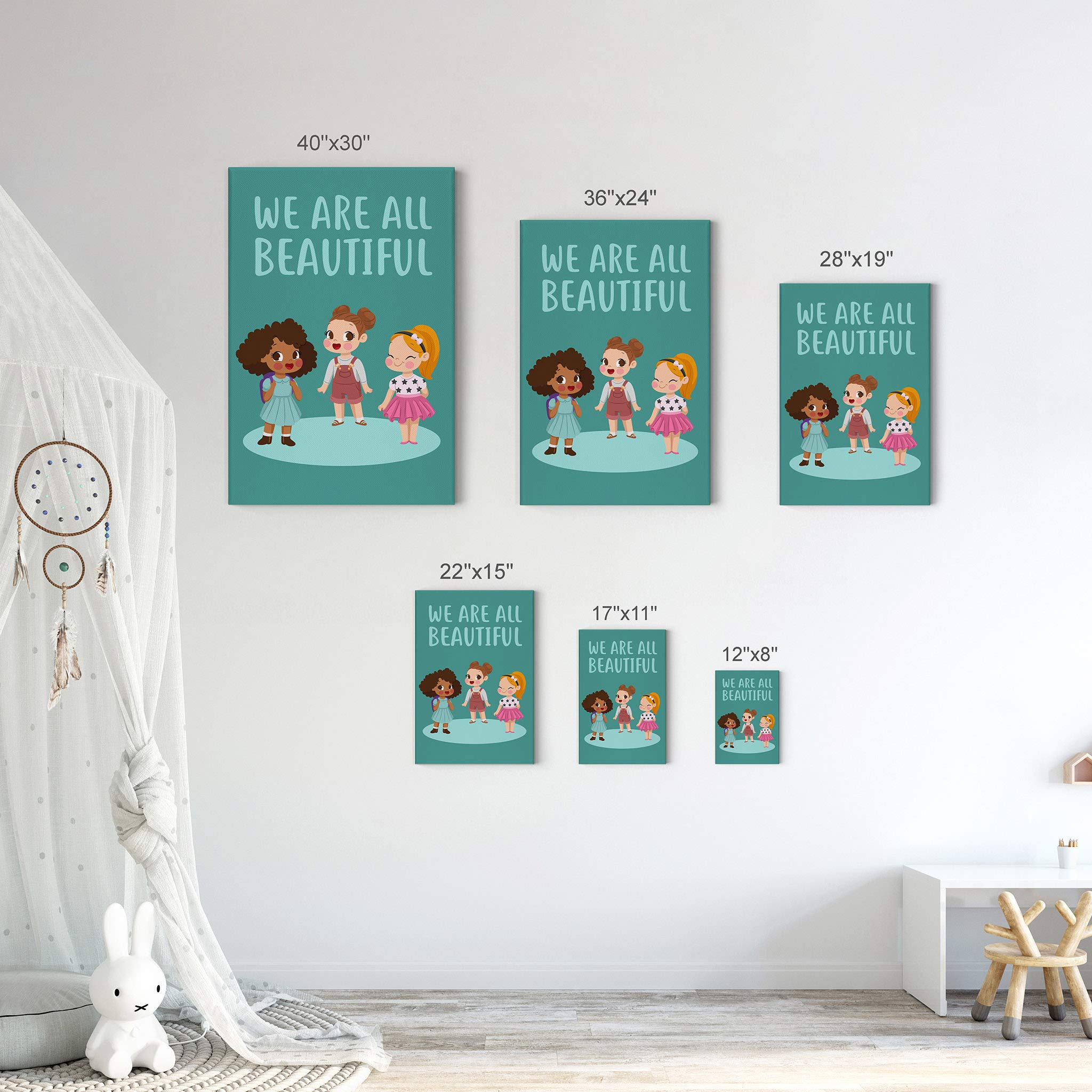 Smile Art Design 'We Are All Beautiful' Diversity Quote Canvas Print - African American Black & White Wall Art for Kids Room, Nursery & Baby Room Decor - Ready to Hang 36x24 - Made in USA | Perfect for Bedrooms, Playrooms & Classrooms