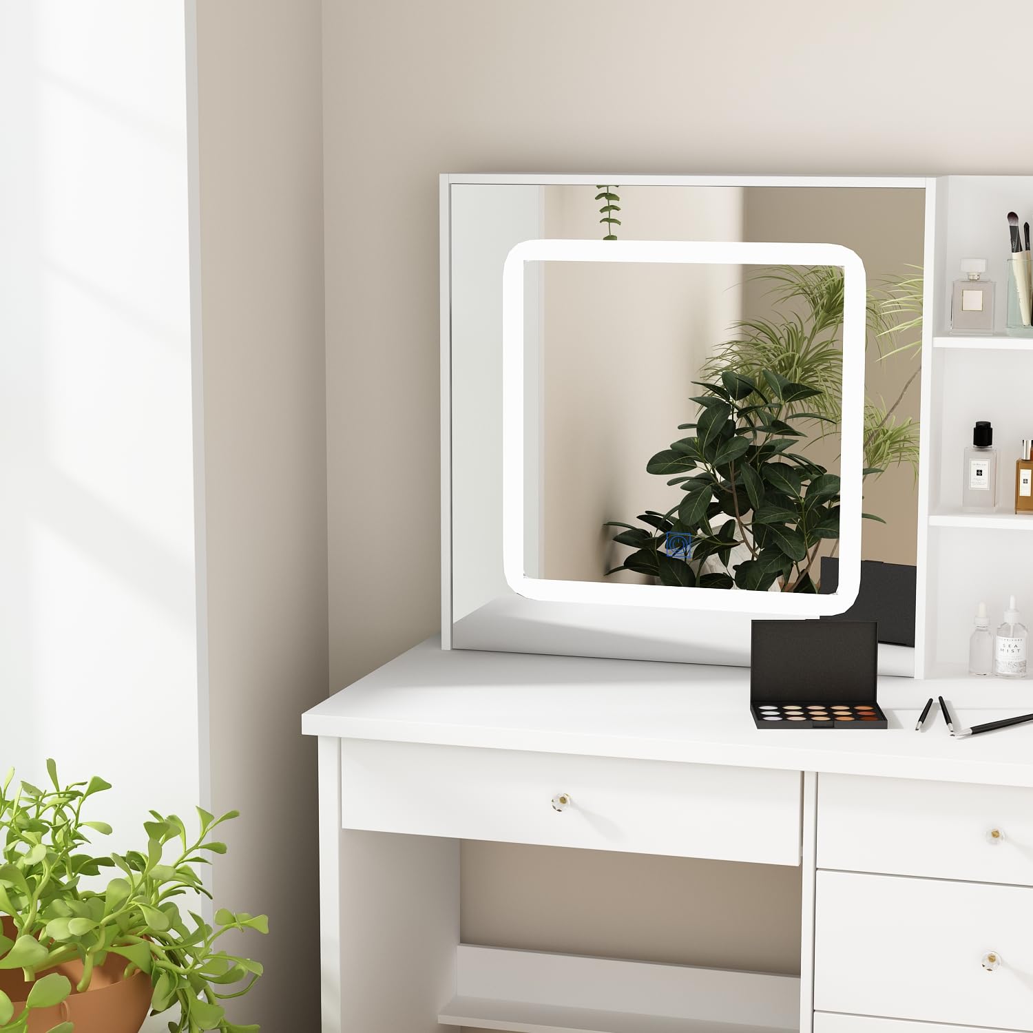 Hitow White Vanity Desk Set with LED Lighted Mirror, Makeup Dressing Table with Drawer & Storage Shelf, Includes Cushioned Stool - Perfect for Bedroom, Beauty Salon & Home Decor (Vanity Set for Women)