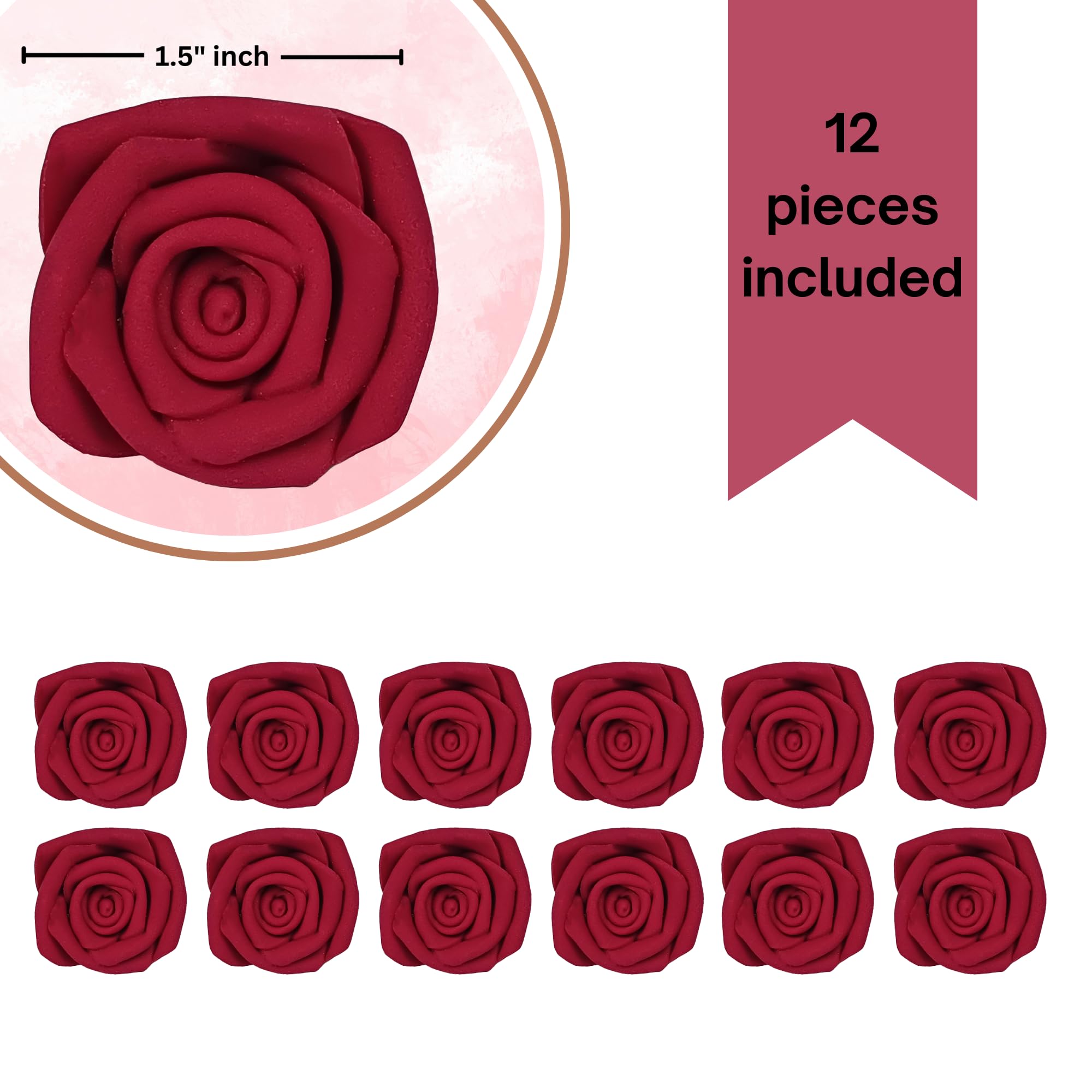 Edible Rose Cake Toppers - 12 Pack Deep Burgundy Sugar Flowers for Wedding Cakes, Cupcakes, Desserts & Special Occasion Decorations