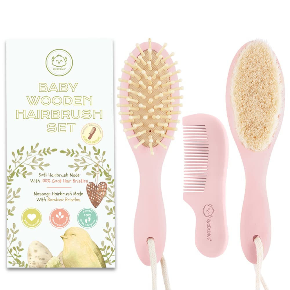 **Natural Wooden Baby Hair Brush & Comb Set with Soft Goat Bristles for Newborns - Cradle Cap Care & Gentle Hair Styling | Includes Washcloths & Towels (Blush Pink) - Perfect for Bath Time, Baby Showers & Daily Grooming**