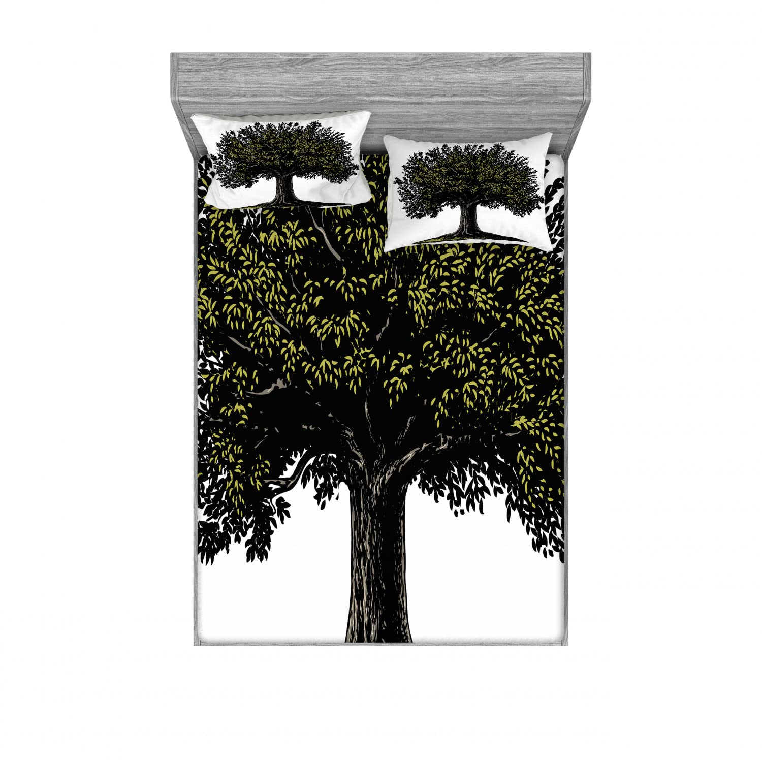 Ambesonne Tree of Life 2-Pack Queen Size Fitted Sheet Set with 4 Pillow Shams - Brown & Green Digital Fruit Tree Design Bedding Decor for Cozy Bedroom & Guest Room Makeover