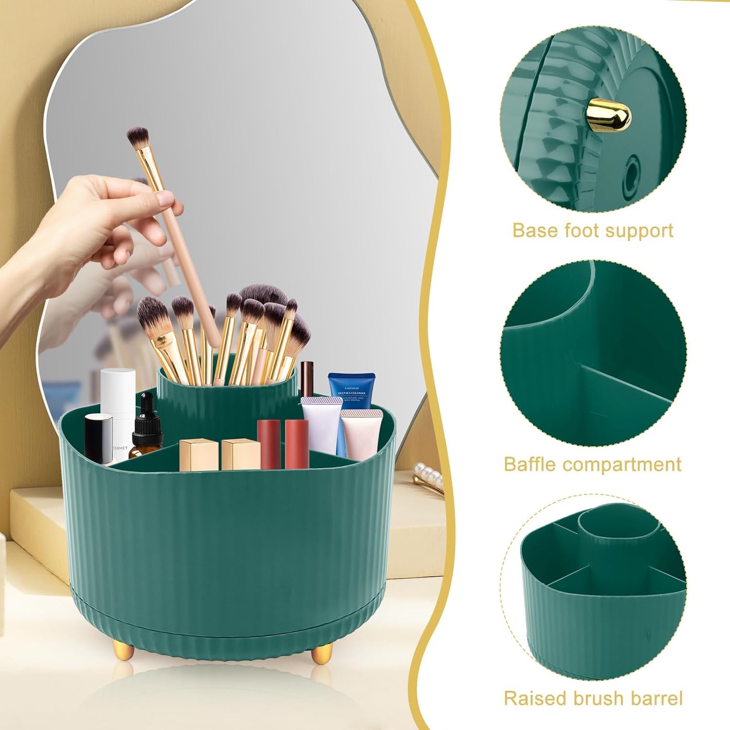 FreshDcart Stylish 5-Slot Rotary Makeup Organizer with Round Tray & Brush Holder - Dark Green Cosmetic Storage for Office Desk, Vanity, Bathroom | Perfect for Makeup Brushes, Lipsticks, Eyeliners & Beauty Tools Organization