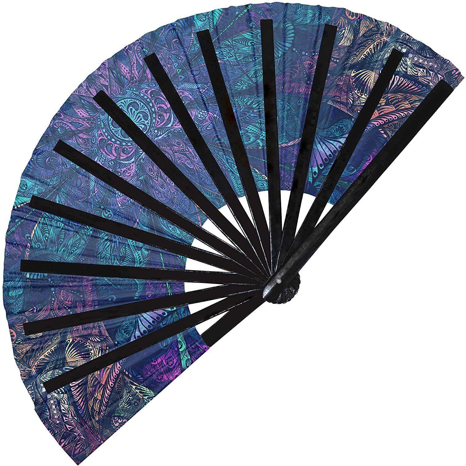 UV Glow Manta Ray Hand Fan - Foldable Festival Fan for Raves, Dancing & Tattoo Art - Tribal Design Cooling Fan for Summer Parties, Beach Events & Outdoor Concerts