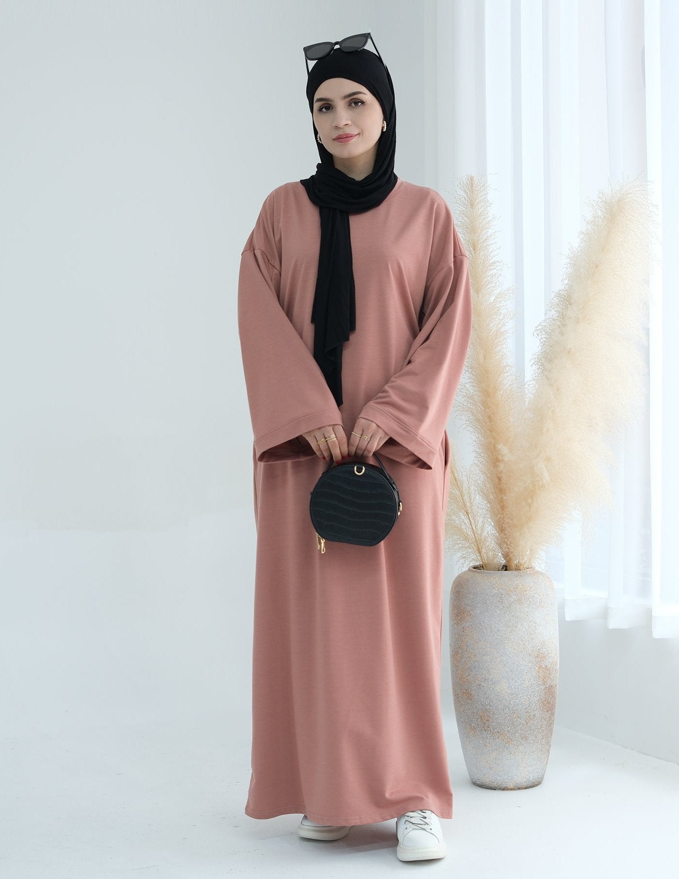 Ava Knit Maxi Dress for Women - Flowy Long Sleeve Elegant Midi Dress in Salmon Pink | Perfect for Weddings, Parties & Casual Outings