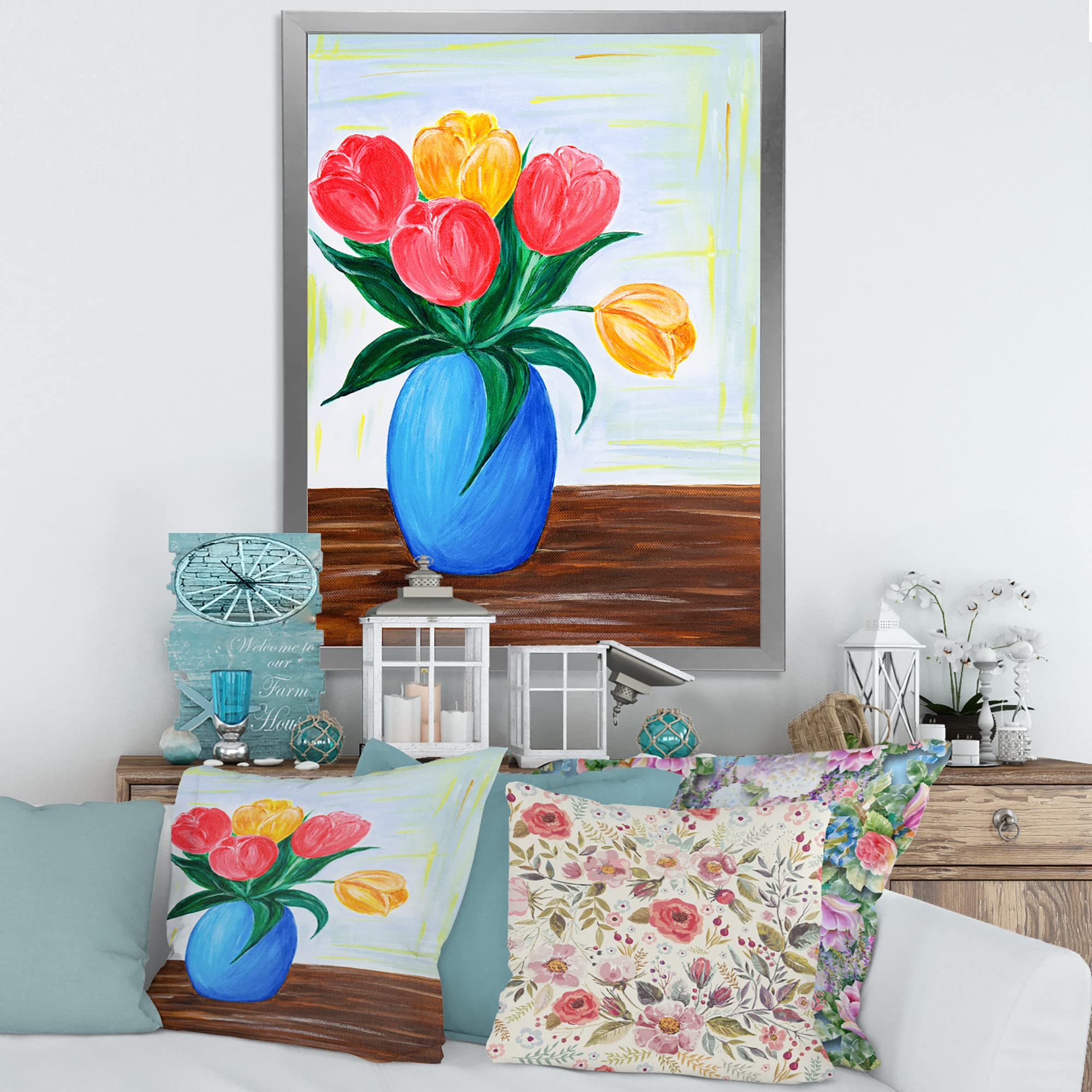 DesignQ Framed Wall Art - Vibrant Red & Orange Tulip Bouquet in Vase - Perfect for Living Room, Bedroom & Office Decor