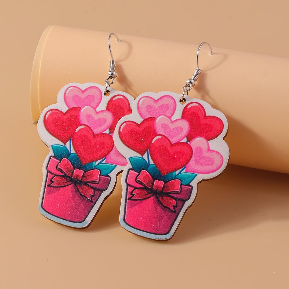 Valentine's Day Heart Balloon Drop Earrings for Women - Pink & Red LOVE XOXO Dangling Wooden Painted Earrings | Romantic Gift for Her, Date Night, Anniversary, Wedding Accessories