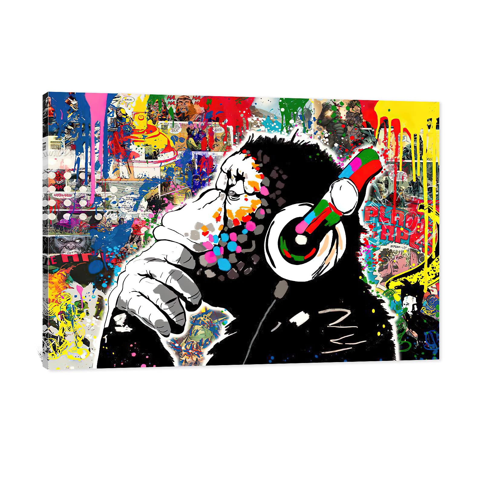 Large Graffiti Wall Art Canvas - Colorful DJ Monkey Chimp Poster for Living Room Decor | Modern Framed Street Art for Home & Office | 32x47 Inches | Perfect for Urban Style Interiors & Creative Spaces