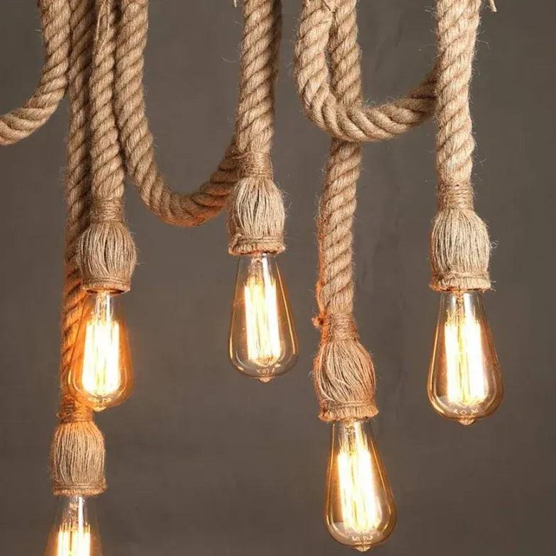 Vintage Wooden Pendant Light with Rope Design - Multi Light Fixture for Farmhouse, Kitchen Island & Dining Room Lighting