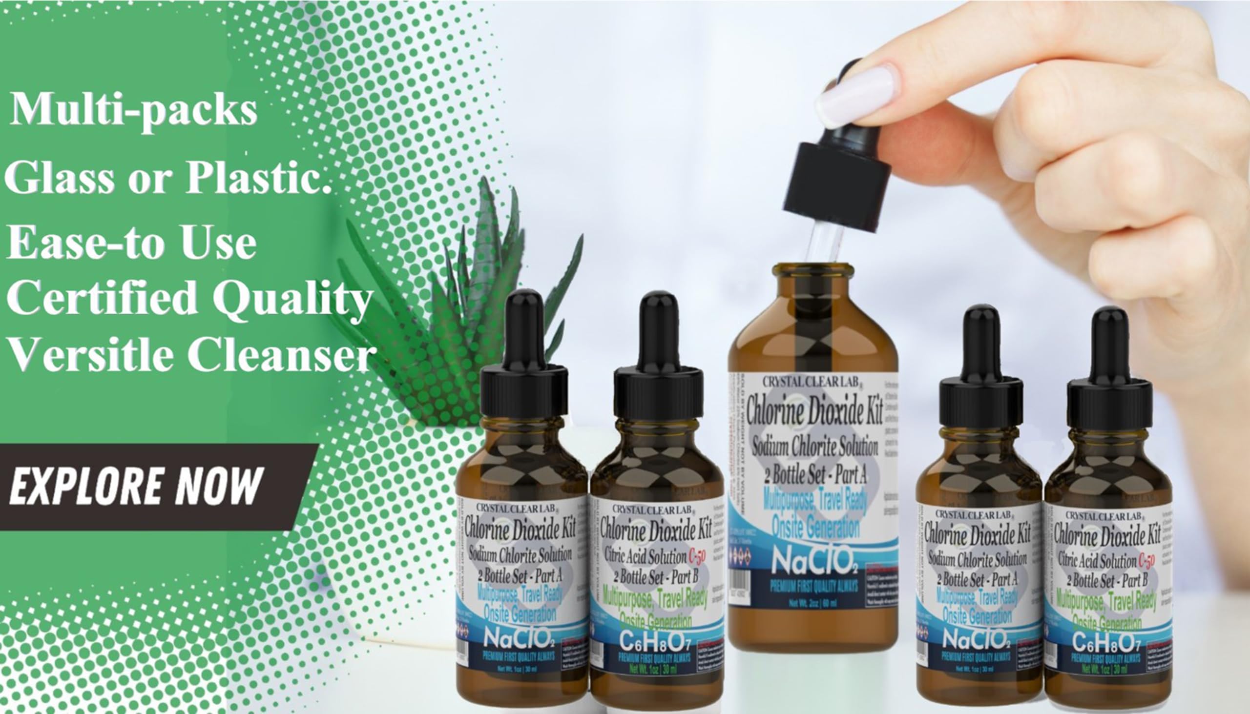 Crystal Clear Chlorine Dioxide ClO2-Kit with Citric Acid Solution & EZ-Drop Bottles - 1 Oz (2 Bottles) | Water Purification, Disinfection & Odor Removal for Camping, Emergency Preparedness & Home Use