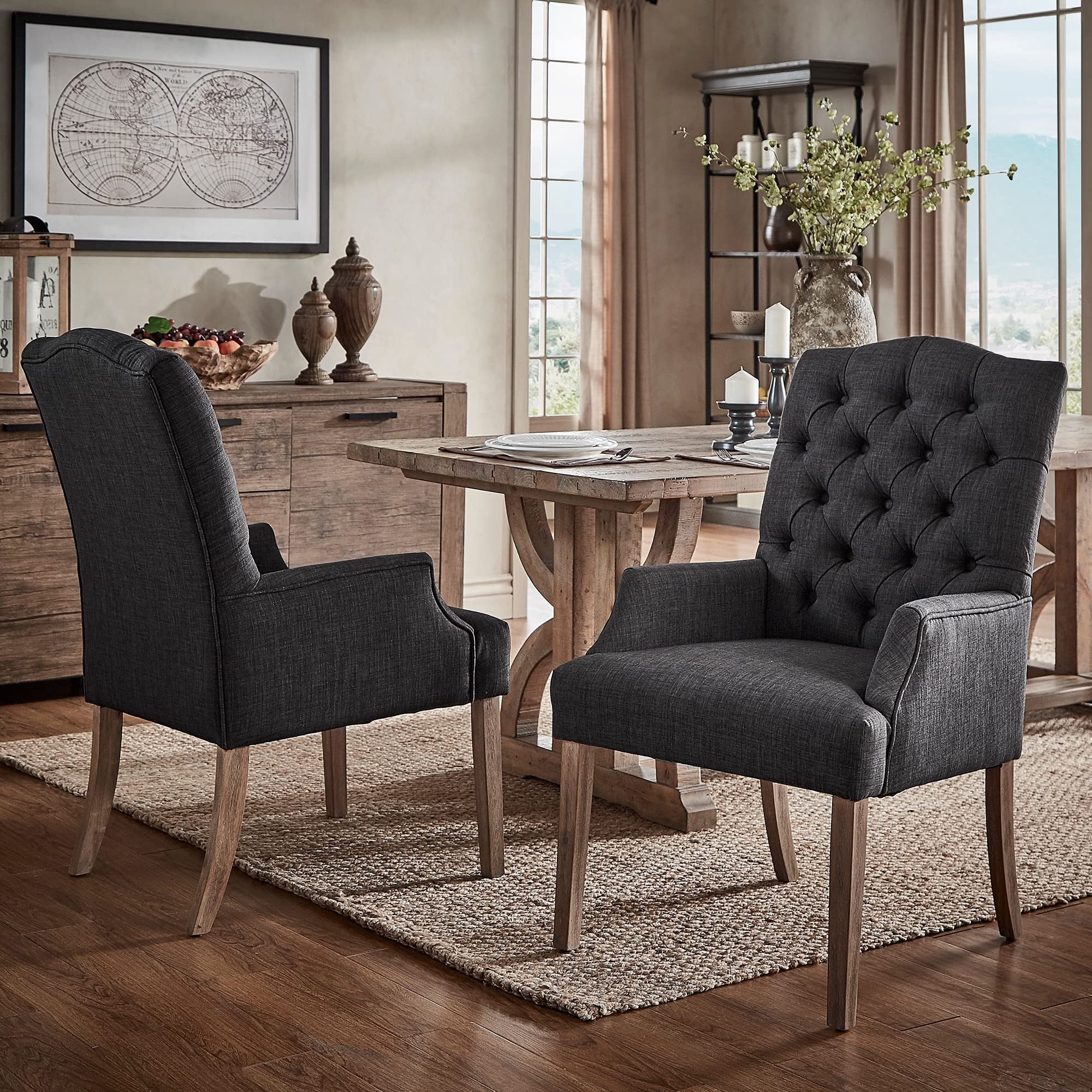 Artisan Dark Grey Linen Upholstered Dining Chair - Premium Tufted Foam Seat with Solid Wood Frame for Kitchen, Dining Room & Home Office | Inspire Q Benchwright Collection