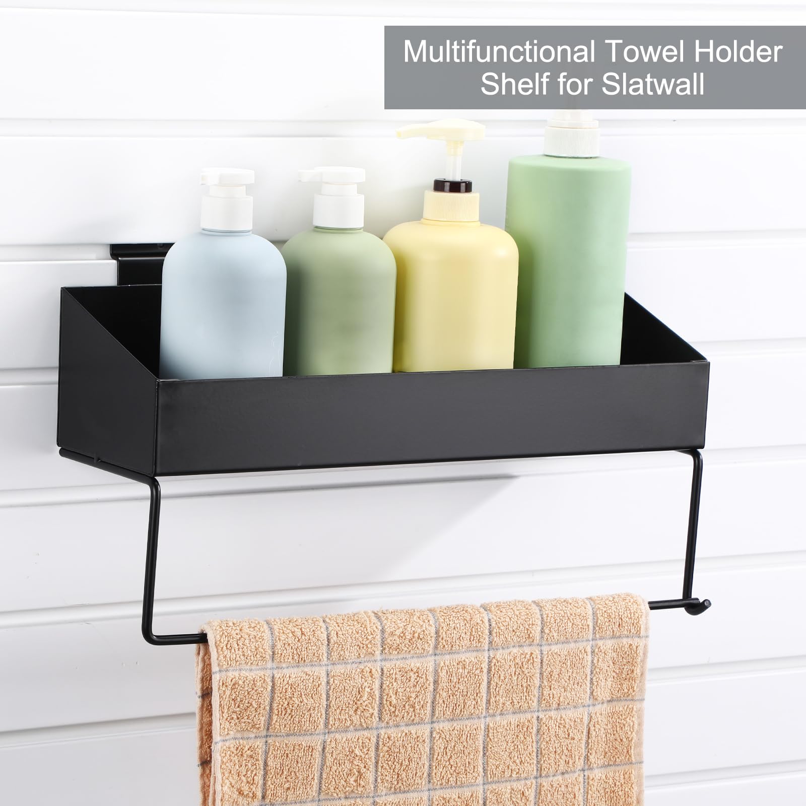 Suclain 2-Pack Stainless Steel Slatwall Paper Towel Holder & Wall Mount Shelf - No Drill Bathroom Storage Organizer for Kitchen, Laundry Room & Utility Spaces (Black)