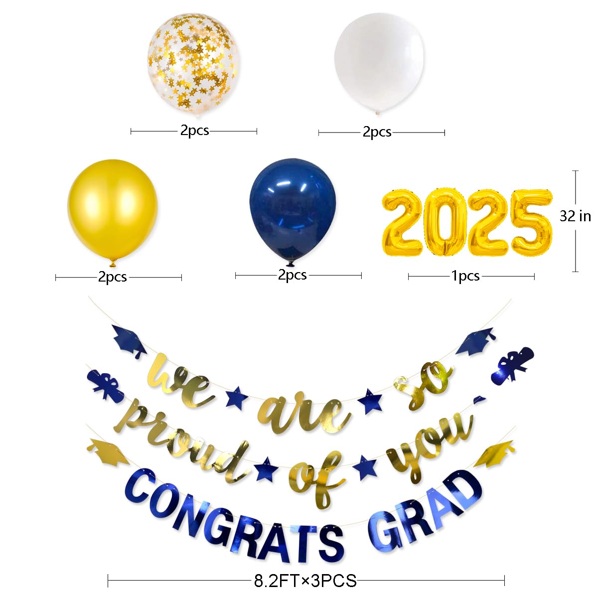2025 Graduation Party Decorations - Navy Blue & Gold Foil Balloons, Congrats Grad Banner, Cap Diploma Star Garland - Perfect for 2025 Graduation Ceremonies, Parties & Celebrations