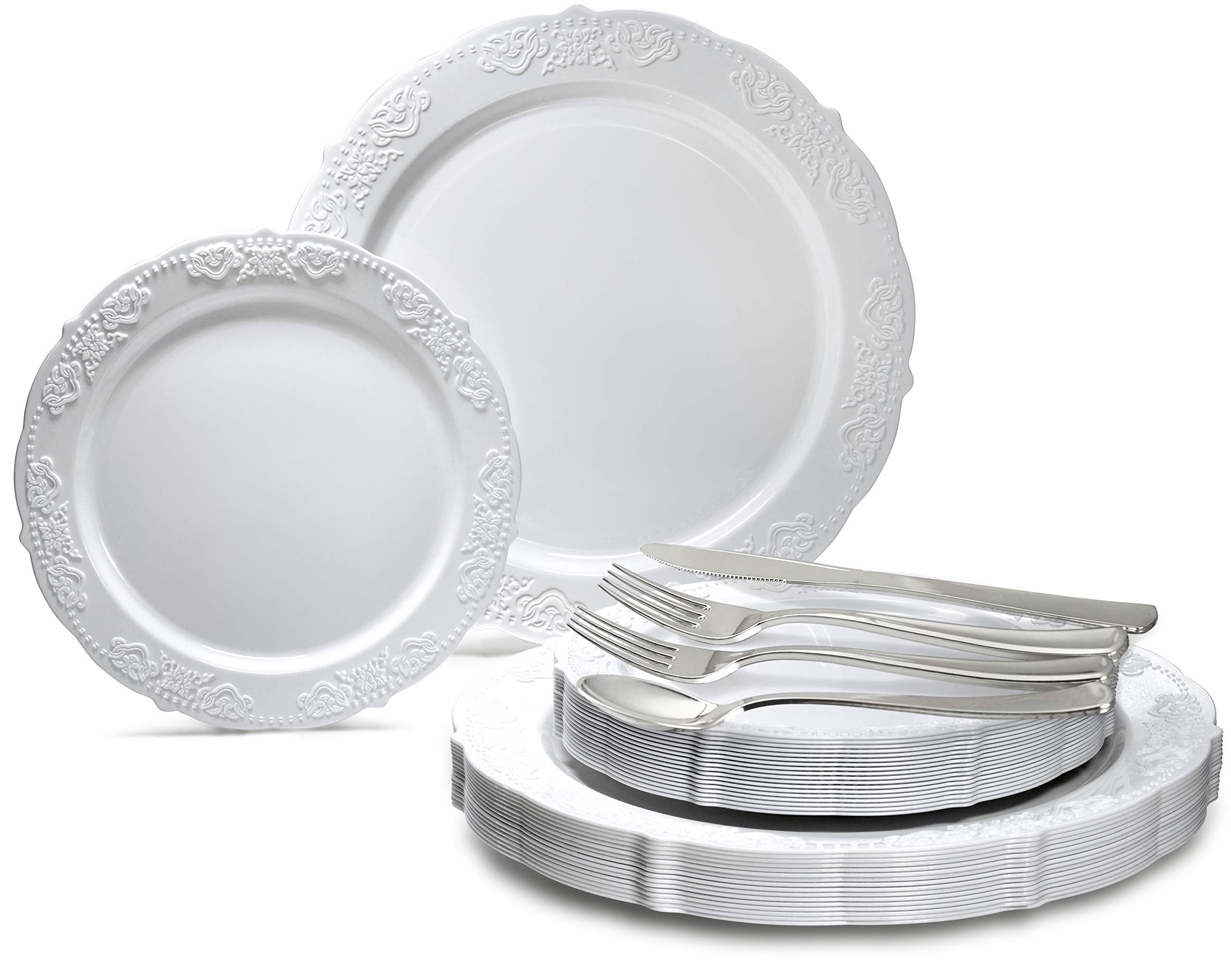 150-Piece Vintage Wedding Party Disposable Dinnerware Set - 25 Guest Plastic Plates (10.25'' & 7.5'') with Silverware & Double Fork - Portofino Plain White - Perfect for Weddings, Bridal Showers & Elegant Events
