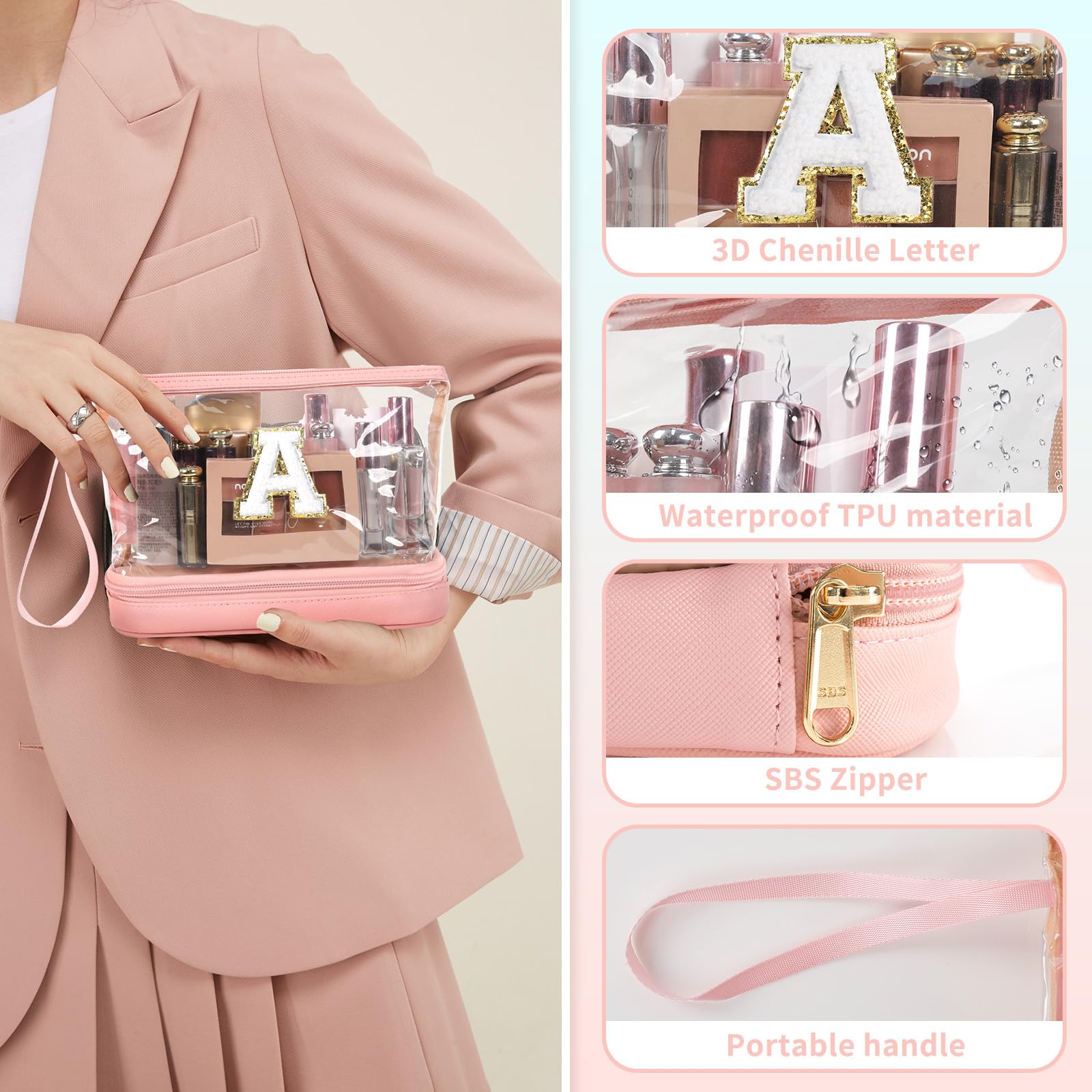 Personalized Initial Makeup Bag - Small Clear Zippered Cosmetic Pouch, Waterproof PU Leather Brush Organizer (Pink) | Perfect for Travel, Gym & Daily Essentials Storage