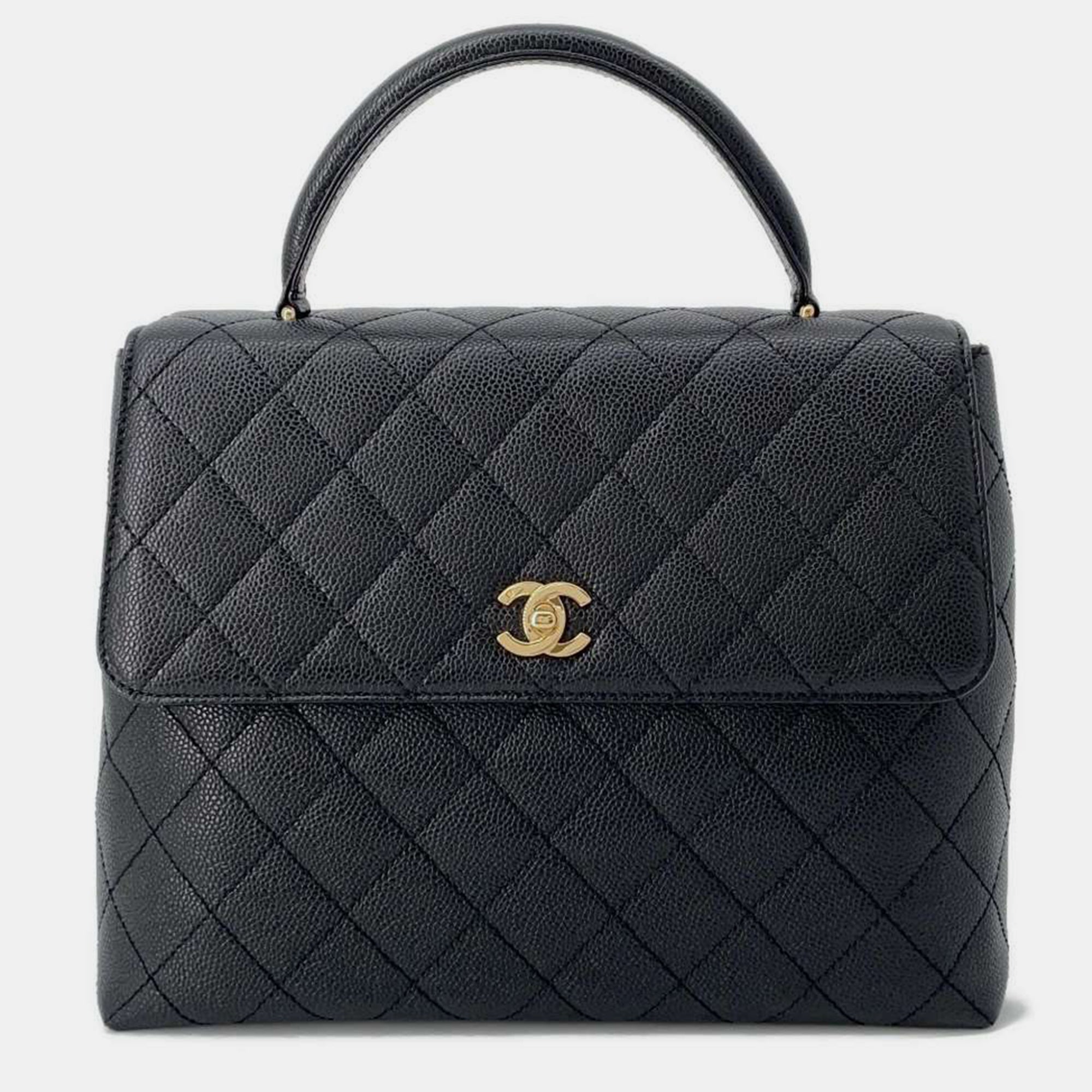 Luxury Black Caviar Leather Matelasse Top Handle Handbag for Women - Elegant Designer Purse for Work, Evening & Special Occasions