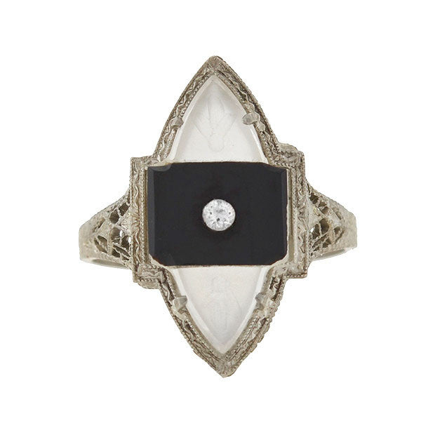 Art Deco 14K Gold Rock Quartz, Onyx & Diamond Filigree Navette Ring - Vintage Jewelry for Weddings, Parties & Special Occasions