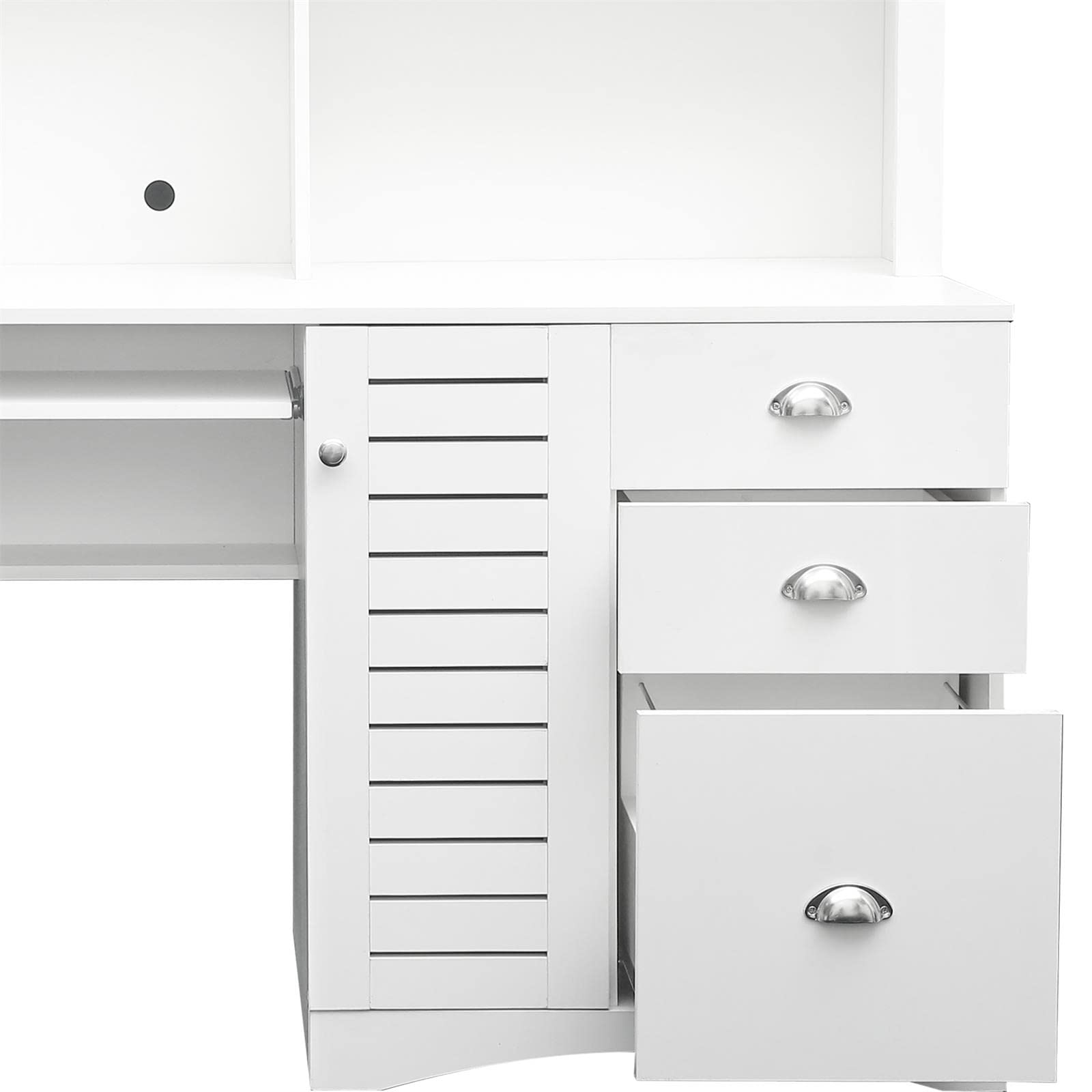 Holaki Wooden Computer Desk with Drawers & Bookshelf - Space Saving Executive Desk for Home Office, Study, or Dorm Room - Includes Keyboard Tray & Hutch in Antiqued White Finish - Perfect for Students, Teens, and Small Spaces
