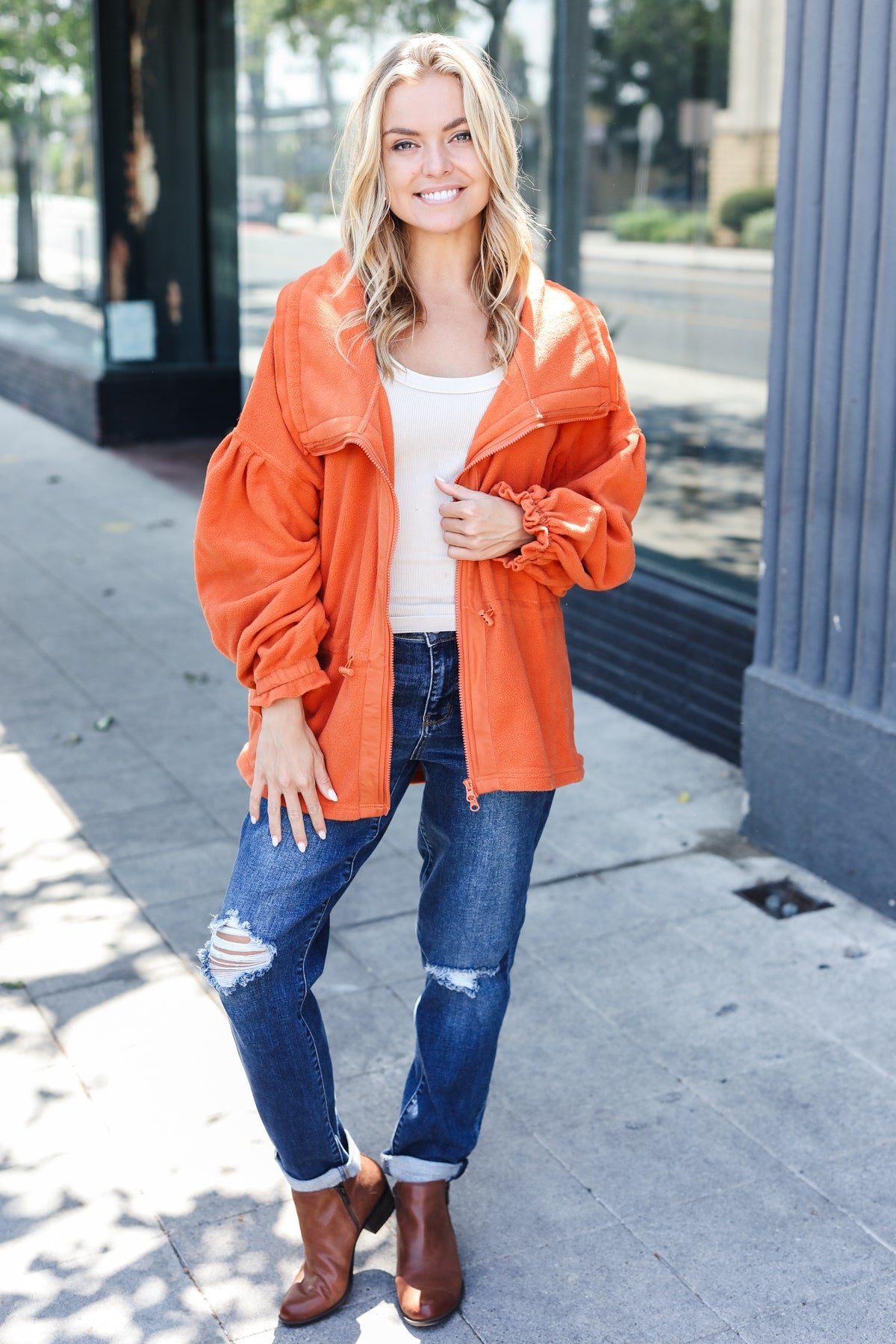 Stylish Rust Cinched Waist Zip-Up Fleece Jacket for Women | Cozy Winter Outerwear | Perfect for Hiking, Camping & Casual Outfits