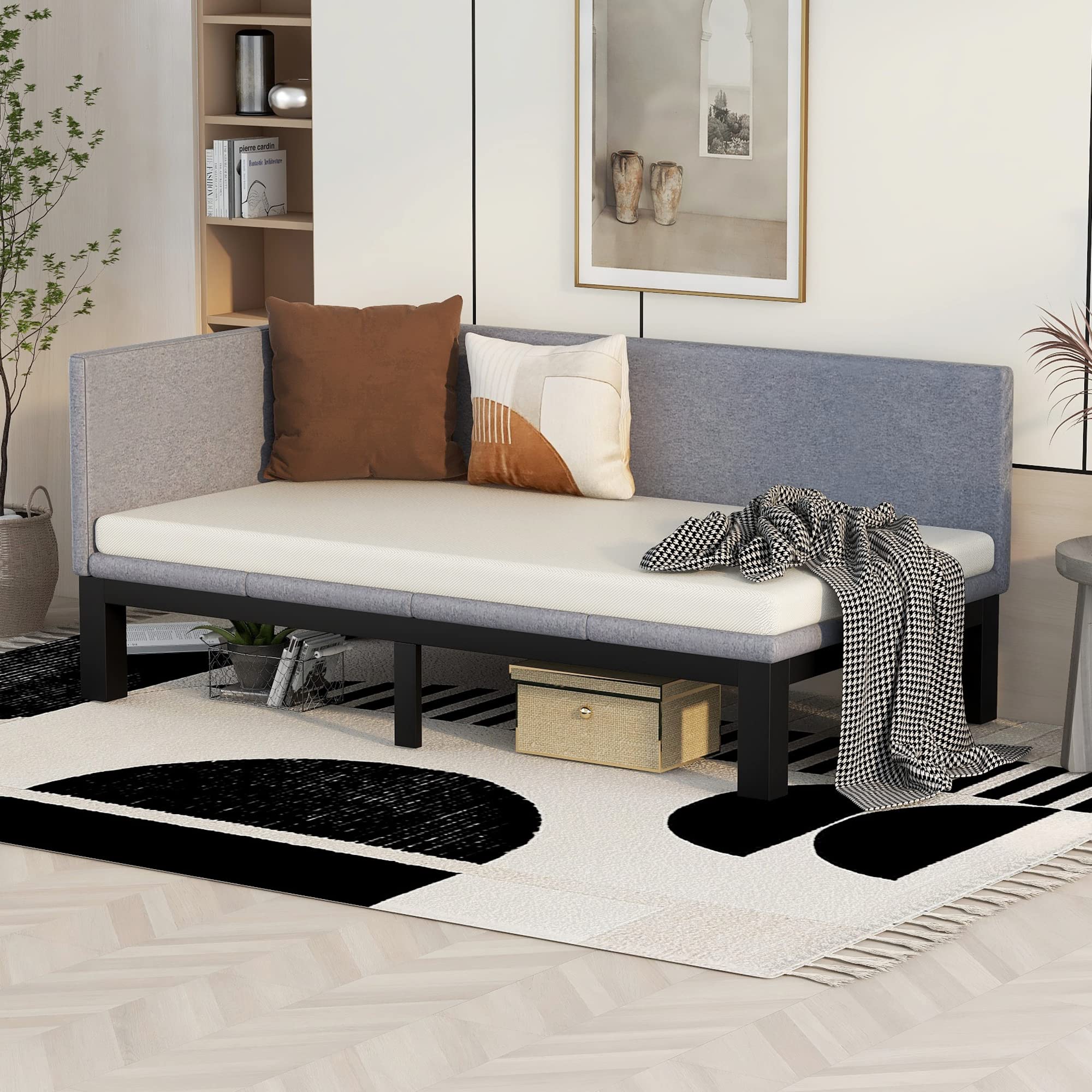 Merax Twin Size Daybed with Gray Upholstered Wood Frame & Linen Cover - Convertible Sofa Sleeper, Futon Bed for Small Spaces, Guest Room & Dormitory - Comfortable Mattress Included for Lounging and Sleeping