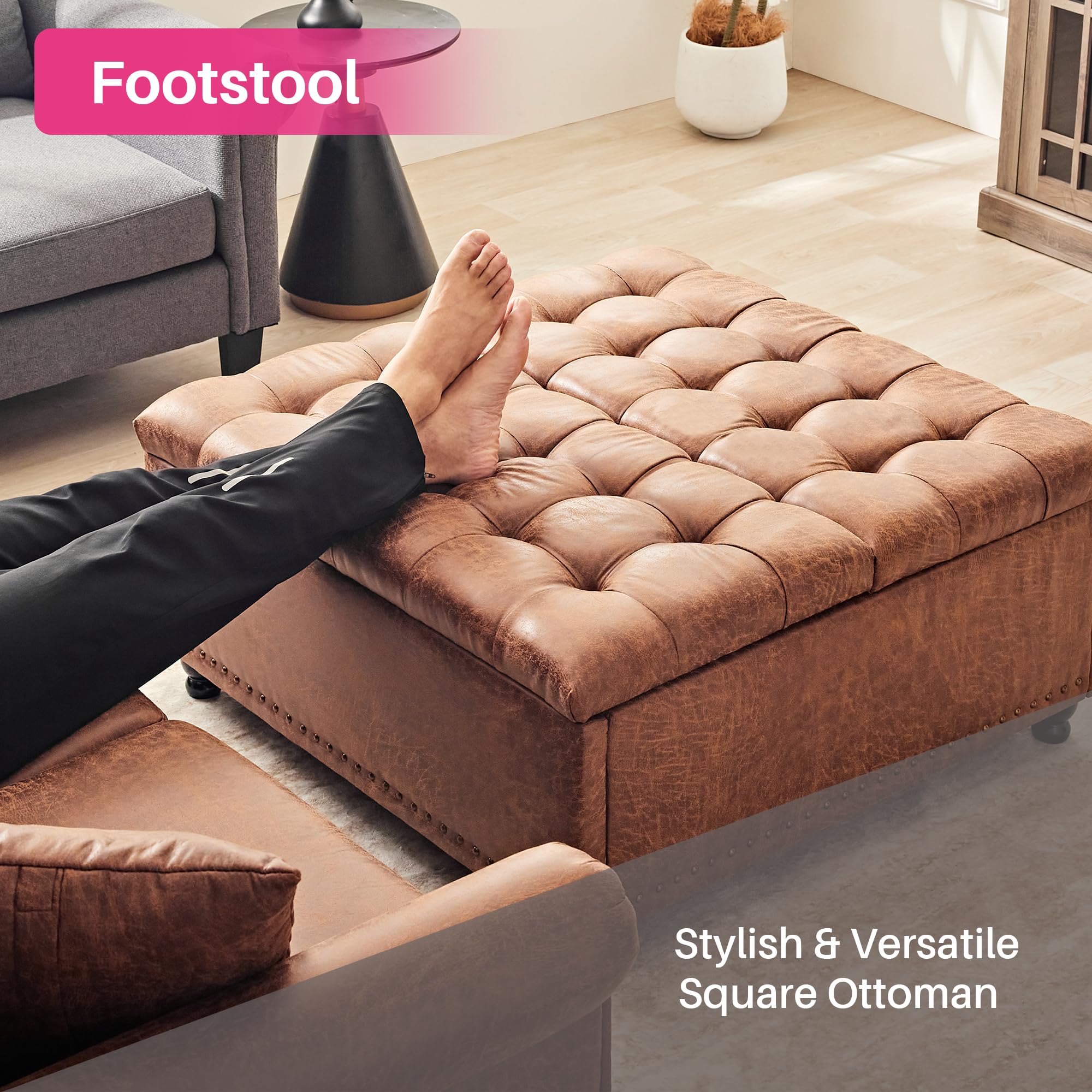 Redlife 35 Inch Large Square Storage Ottoman Bench with Lift Top - Tufted Coffee Table Ottoman for Living Room, Bedroom & Entryway - Brown Leathaire Fabric - Multi-Functional Storage Furniture for Shoes, Blankets & Home Decor