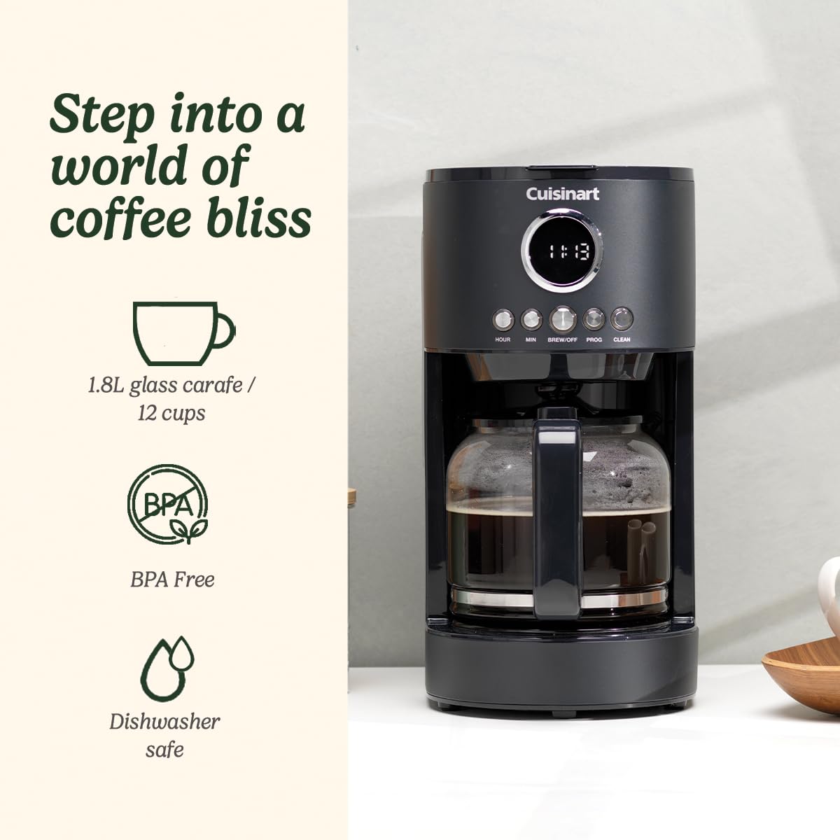 Cuisinart 12-Cup Programmable Coffee Maker with 1.8L Glass Carafe - Fast Brewing, 24-Hour Timer, 40-Minute Keep Warm, Showerhead Extraction - Dishwasher Safe - Slate Grey - Perfect for Home, Office & Breakfast Nook