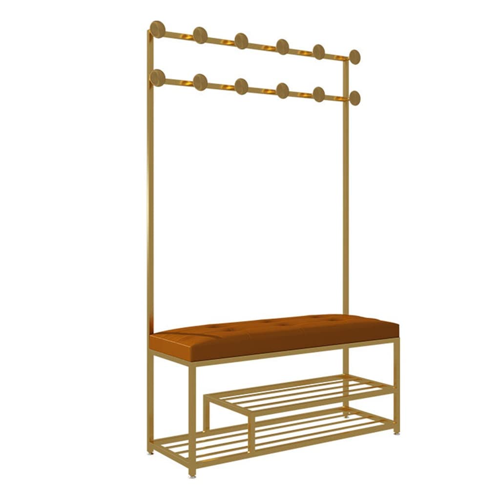 4-in-1 Hall Tree Entryway Organizer - Coat Rack, Shoe Bench with 2-Tier Storage Shelves & Hooks - Multifunctional Iron Art Storage Shelf for Living Room, Bathroom, Bedroom - Gold Finish (60x35x175cm) - Perfect for Small Spaces & Home Organization