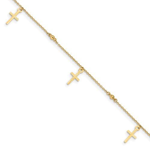 14KT Yellow Gold Polished & Textured Cross Ankle Bracelet for Women - Elegant Religious Jewelry Gift for Baptism, Wedding & Everyday Wear