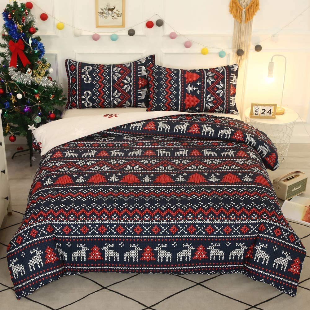 Feelyou Boho Christmas Bedding Set Twin Size - Xmas Themed Comforter Cover with Bohemian Deer & Elk Print - Holiday Home Decor for Kids & Adults (Red, 2-Piece Set) - Perfect for Festive Bedroom Decorations & Winter Holiday Gift Giving