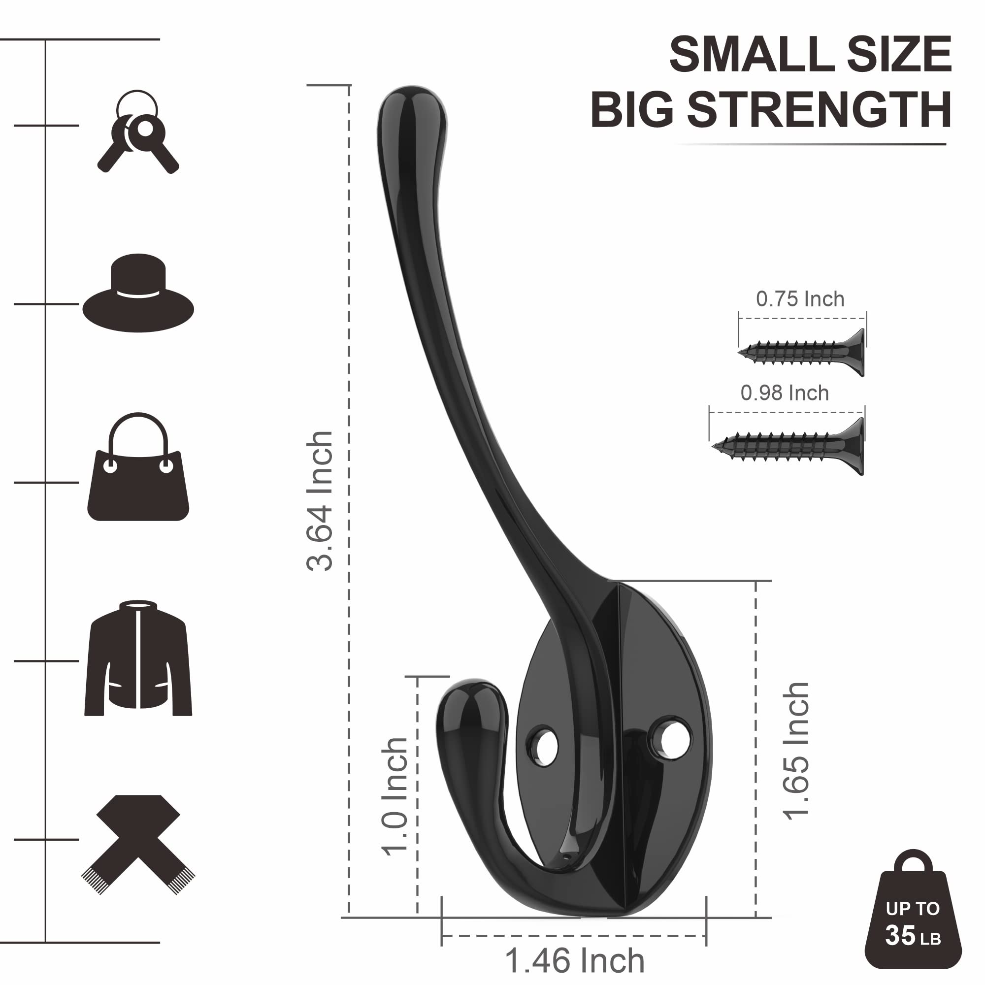 10-Pack Black Metal Wall Mounted Coat Hooks with 20 Screws - Heavy Duty Coat Hangers for Jackets, Hats & Bags - Perfect for Entryway, Closet, Bathroom & Mudroom Organization
