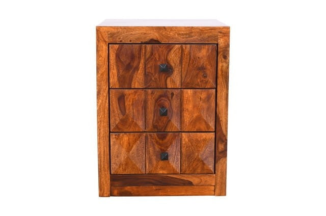 Solid Sheesham Wood Nightstand with Diamond Design - 45x40x60cm Bedside Table for Bedroom, Living Room & Office Storage