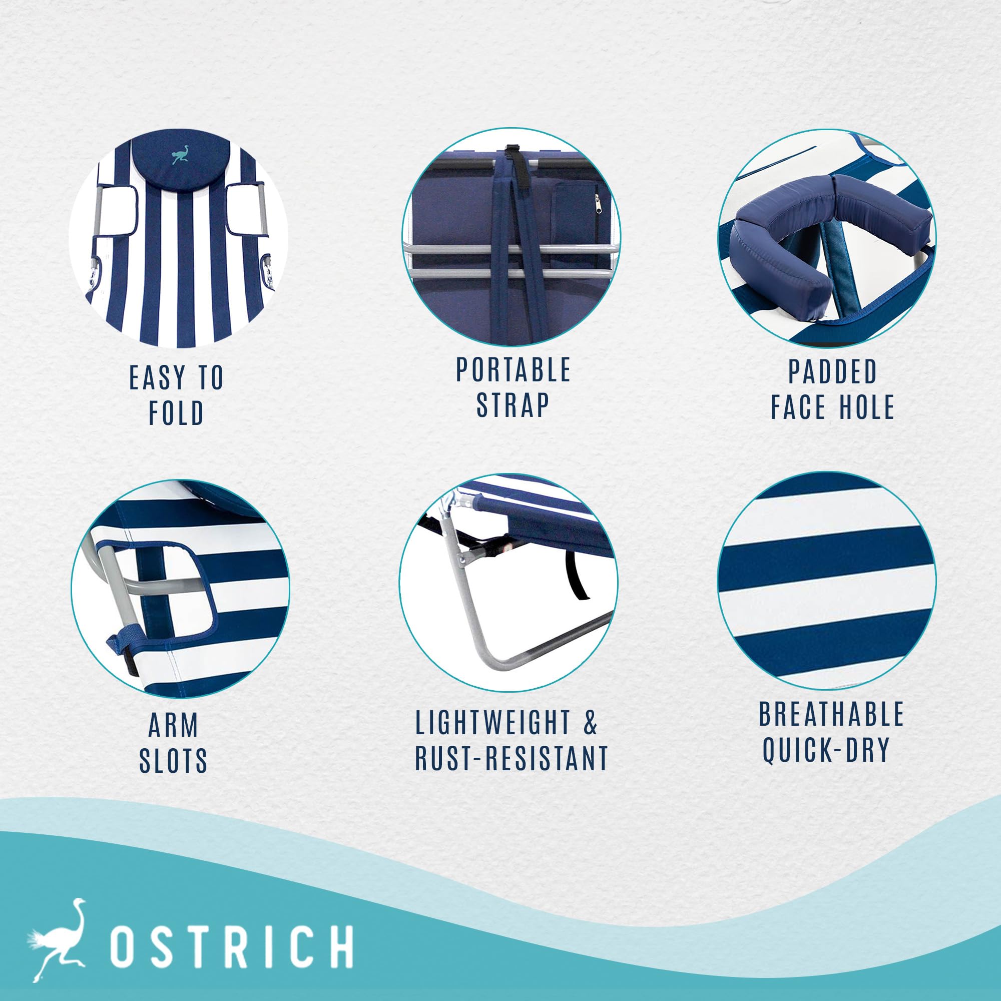 Adjustable Ostrich Backpack Folding Lounge Chair - 4 Position Recliner with Carrying Straps, Side Pocket & Storage Bag - Navy Stripe (2 Pack) - Perfect for Camping, Beach, Picnics & Outdoor Relaxation