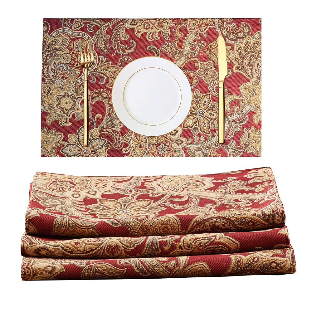 Luxury Retro Fabric Placemats Set of 4 - Machine Washable, Non-Slip & Heat Resistant Dining Table Mats for Indoor Use - Perfect for Dinner Parties, Holiday Gatherings & Everyday Meals (Red)