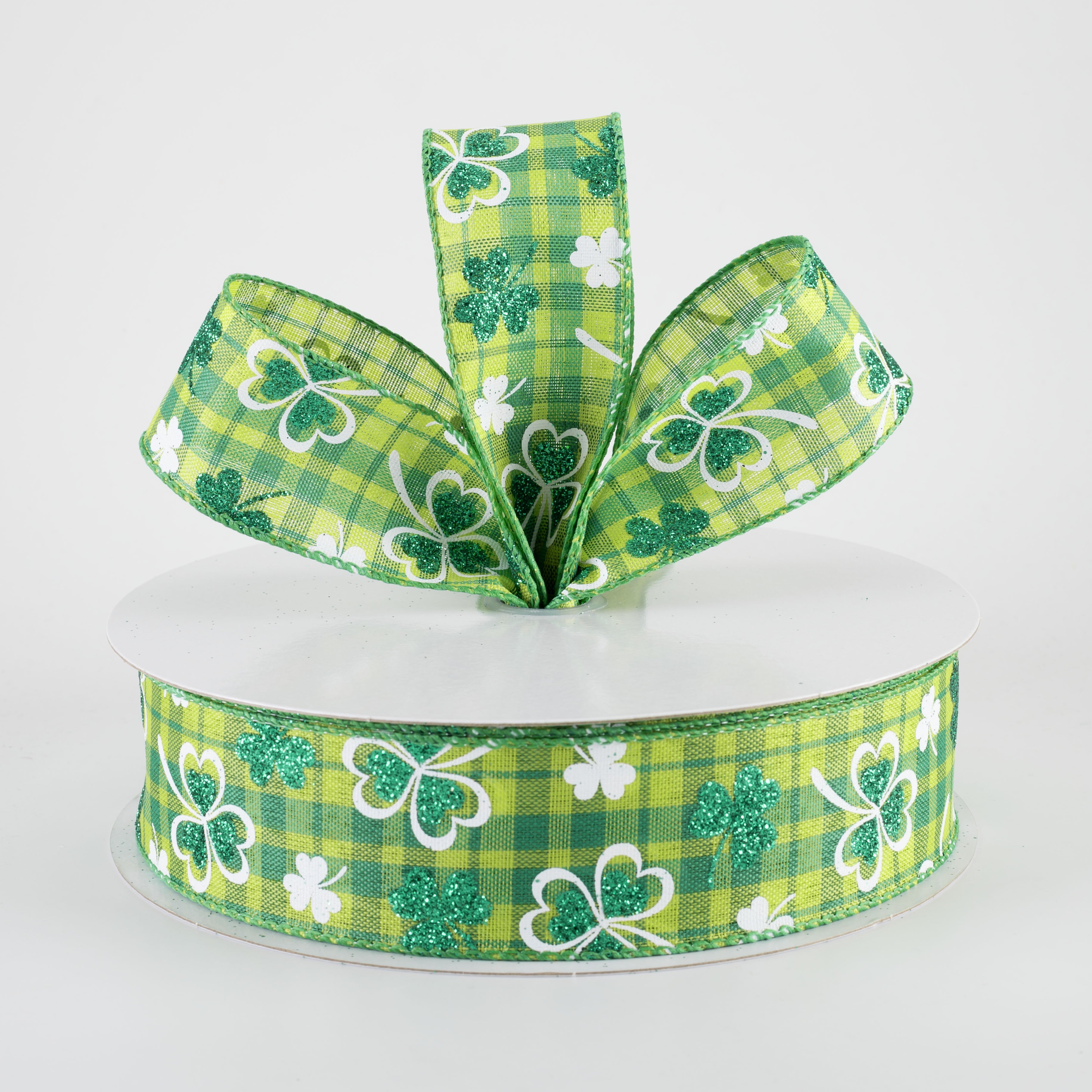 1.5 Inch Glitter Shamrocks on Green Plaid Ribbon - 50 Yards Bulk Roll for St. Patrick's Day Decorations, DIY Crafts, Gift Wrapping & Party Supplies