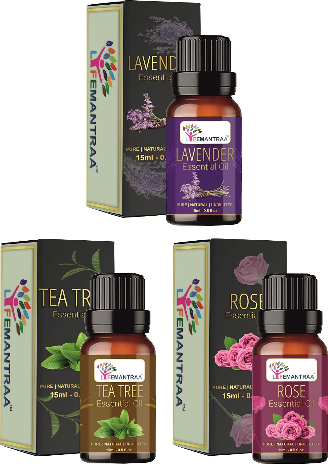 Pure Lavender, Tea Tree & Rose Essential Oils Set - 15ml Each (45ml Total) for Aromatherapy, Home Diffusers, Soap Making & Candle Making | Natural Air Freshener for Bedroom, Bathroom & Office Relaxation